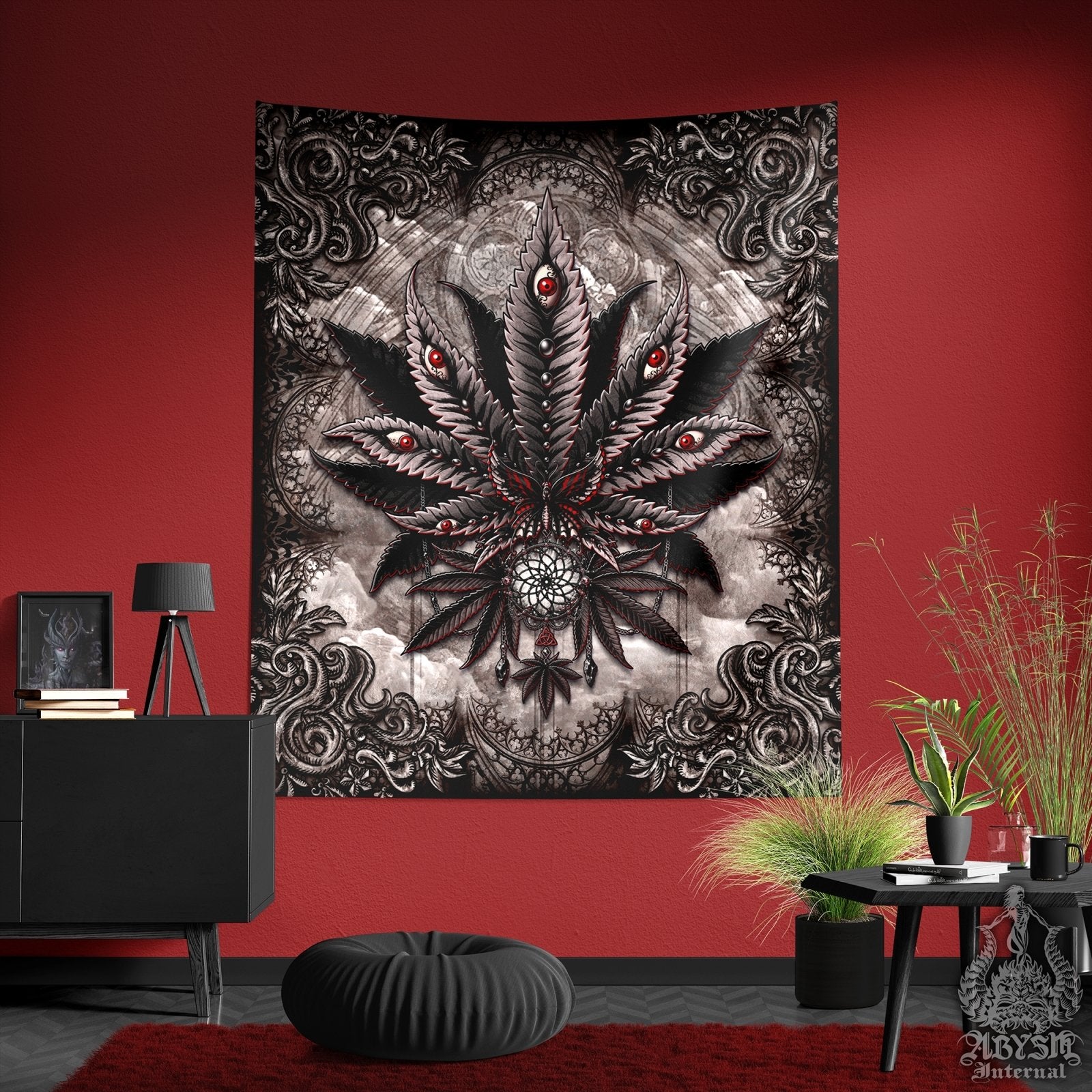 Gothic Weed Tapestry, Cannabis Shop Decor, Marijuana Wall Hanging, Goth Home Decor, Art Print, 420 Gift - Horror Grey - Abysm Internal