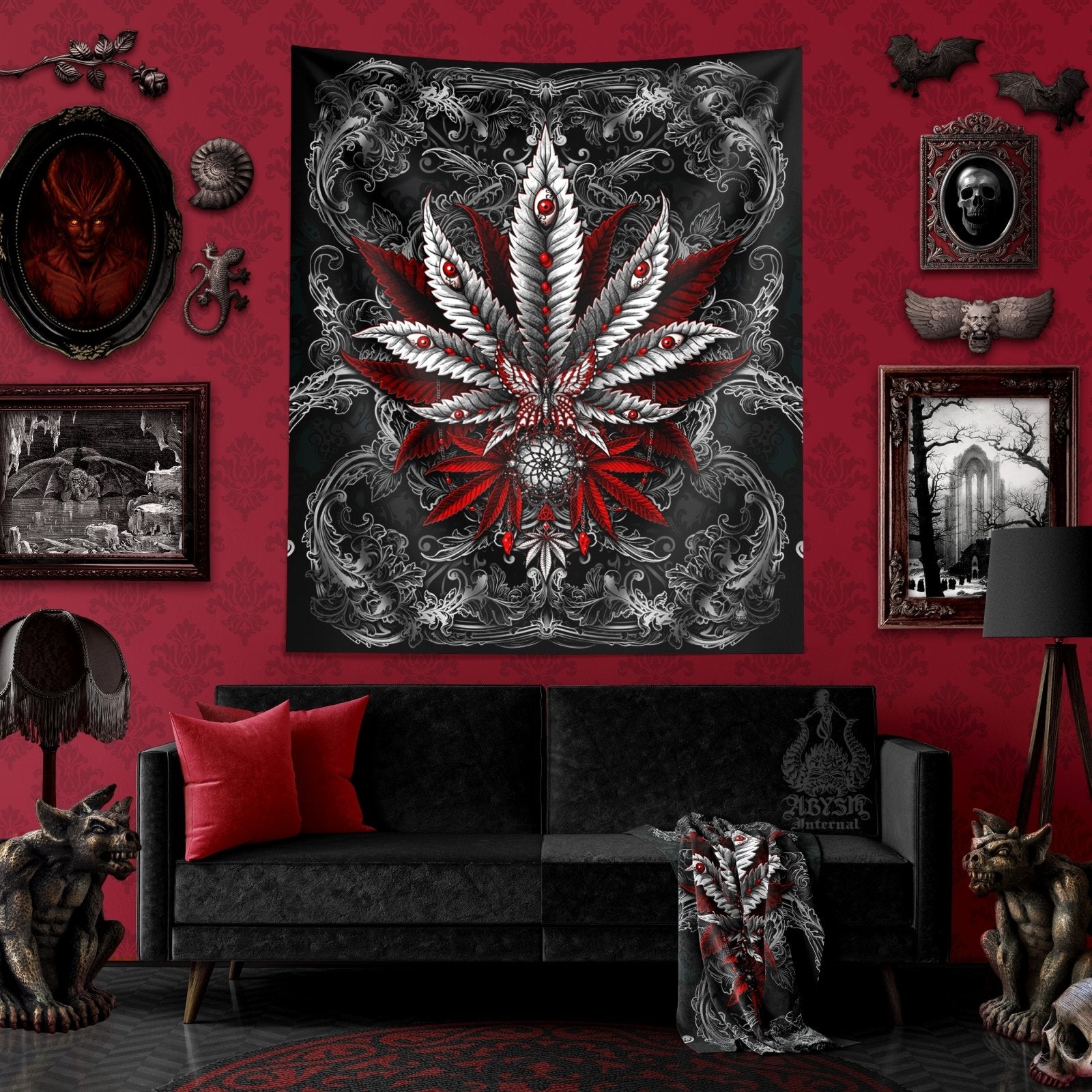 Gothic Weed Tapestry, Cannabis Shop Decor, Marijuana Wall Hanging, Goth Home Decor, Art Print, 420 Gift, Marijuana - Dark - Abysm Internal