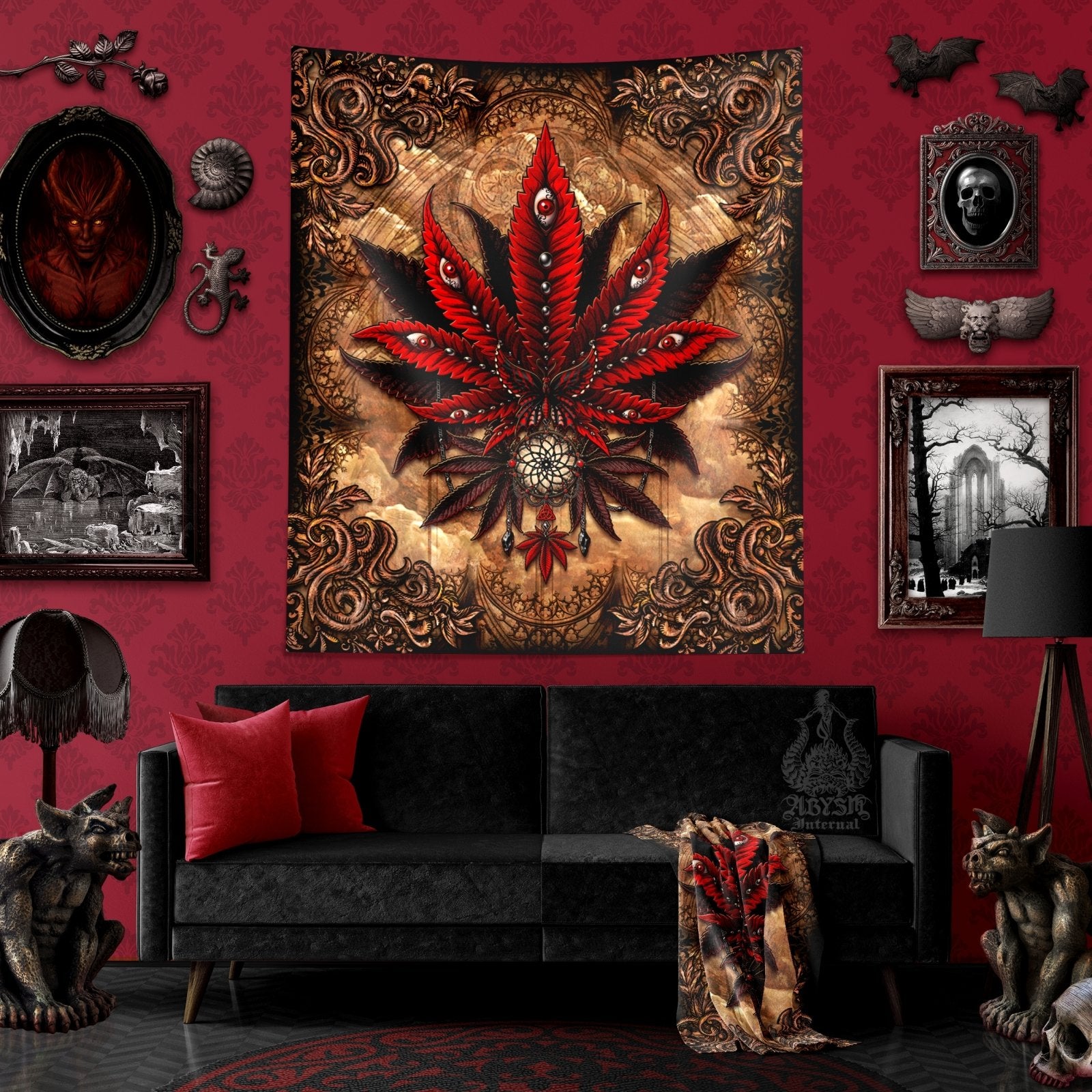Gothic Weed Tapestry, Marijuana Shop Decor, Cannabis Wall Hanging, Goth Home Decor, Art Print, 420 Gift, Marijuana - Horror Beige - Abysm Internal