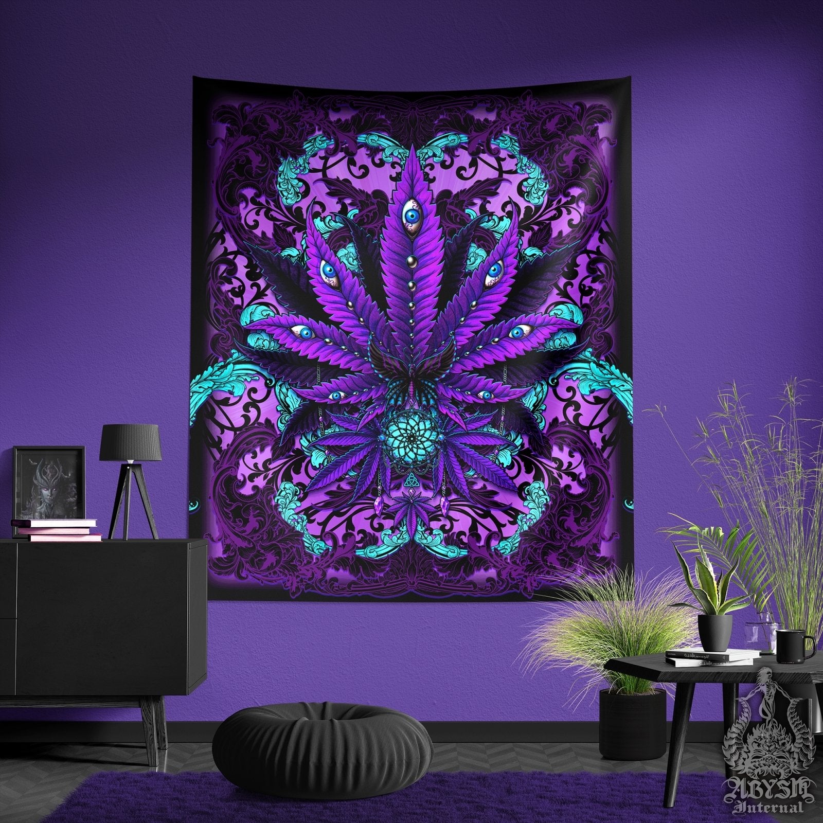Gothic Weed Tapestry, Marijuana Shop Decor, Cannabis Wall Hanging, Pastel Goth Home Decor, Art Print, 420 Gift - Abysm Internal