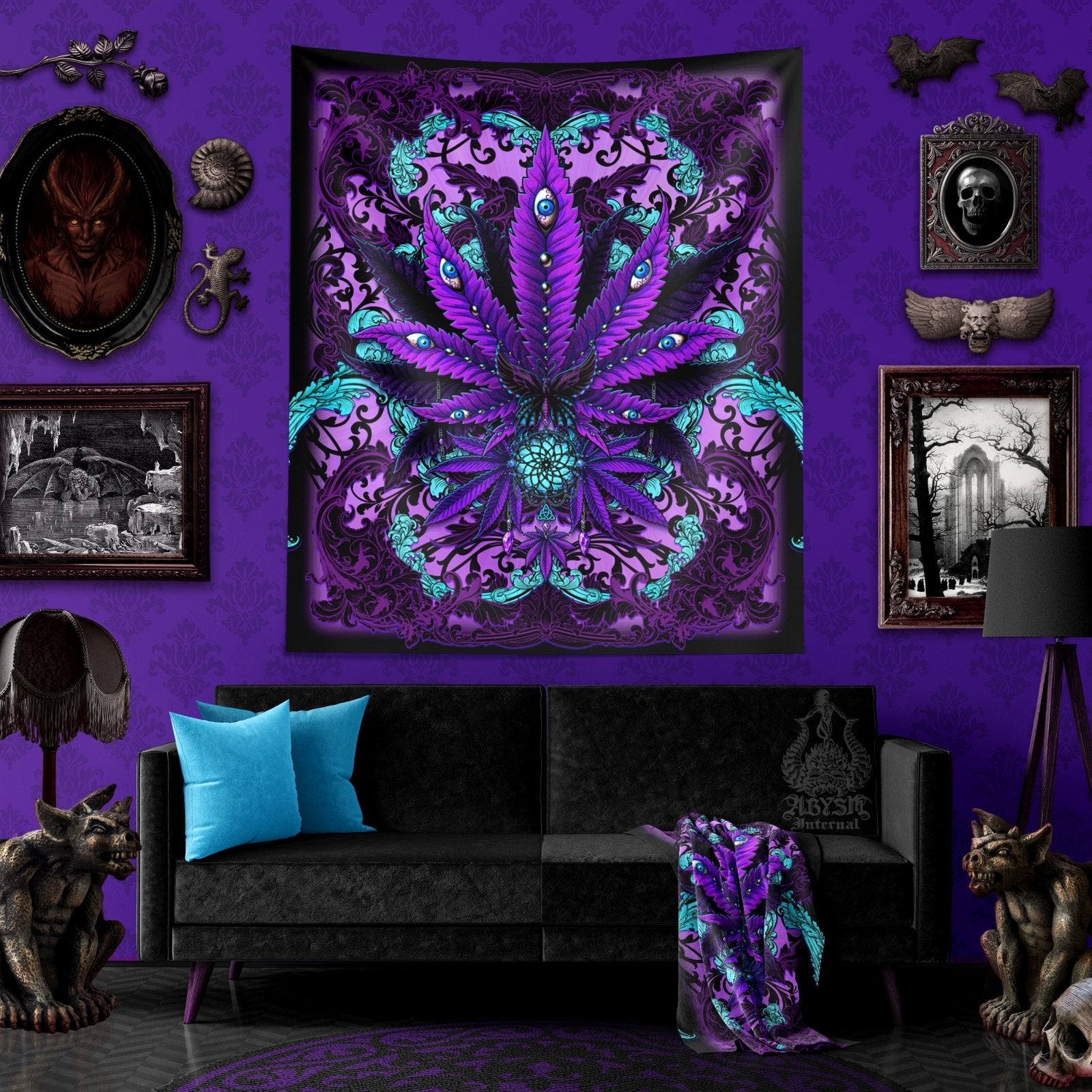Gothic Weed Tapestry, Marijuana Shop Decor, Cannabis Wall Hanging, Pastel Goth Home Decor, Art Print, 420 Gift - Abysm Internal