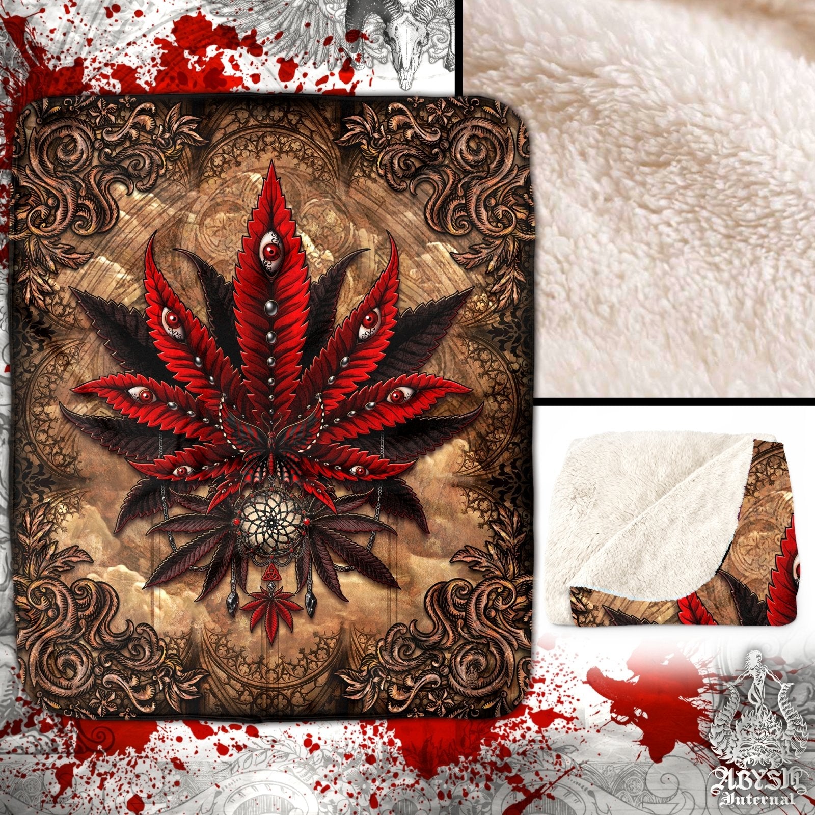 Gothic Weed Throw Fleece Blanket, Cannabis Art, Goth Home Decor, 420 Gift - Marijuana, Horror Beige - Abysm Internal