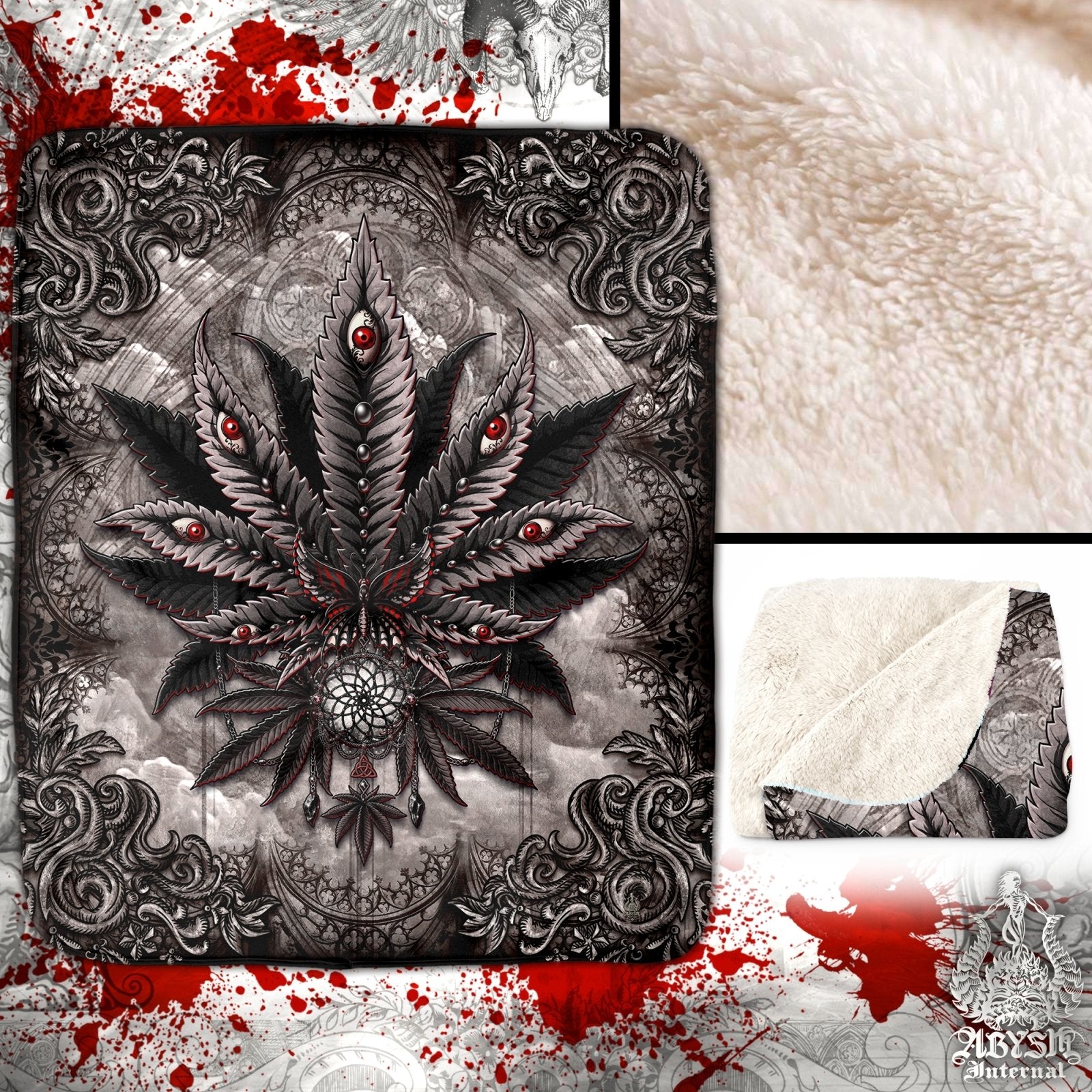Gothic Weed Throw Fleece Blanket, Cannabis Art, Goth Home Decor, 420 Gift - Marijuana, Horror Grey - Abysm Internal