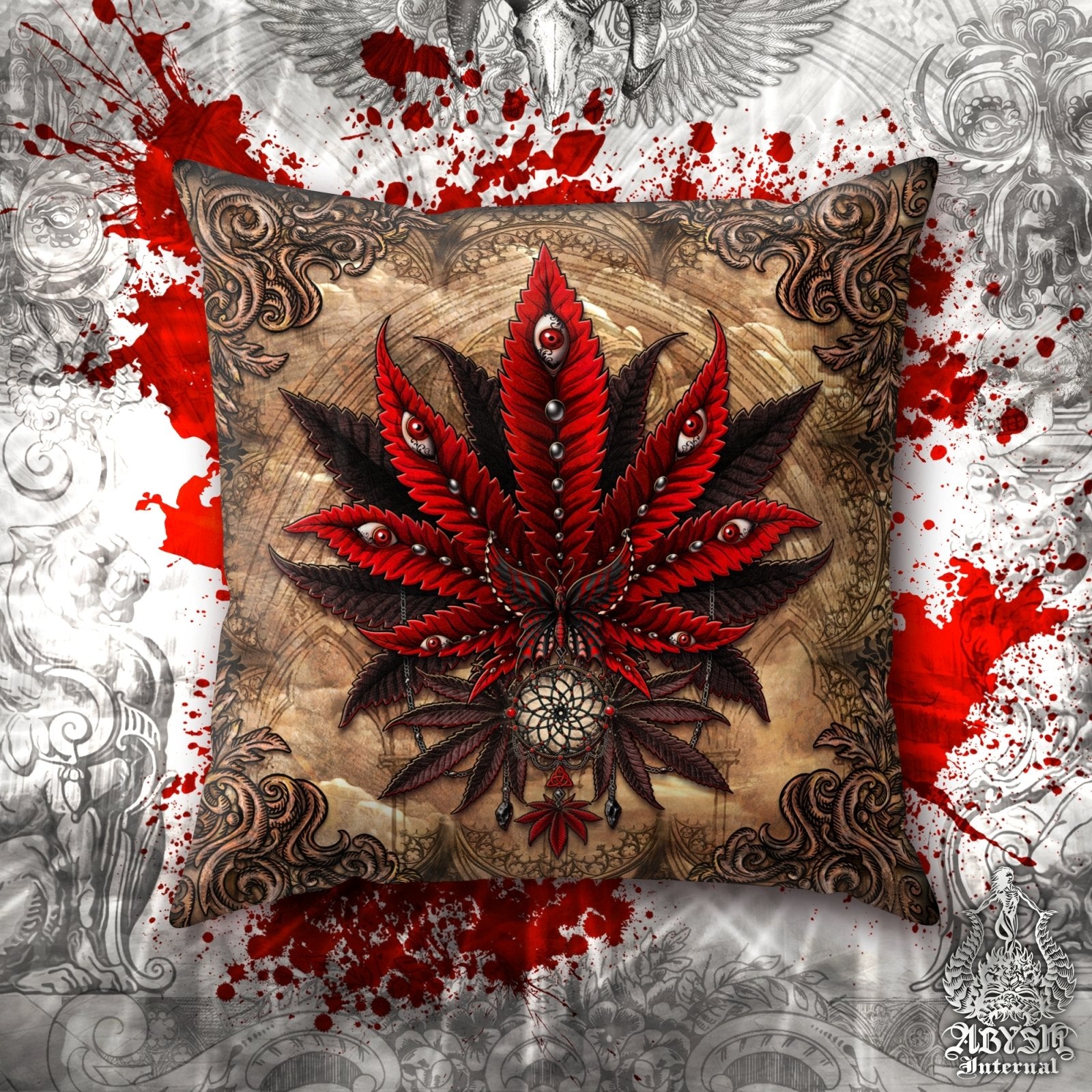 Gothic Weed Throw Pillow, Cannabis Shop Decor, Decorative Accent Cushion, Alternative Room Decor, 420 Art Print - Horror Beige - Abysm Internal