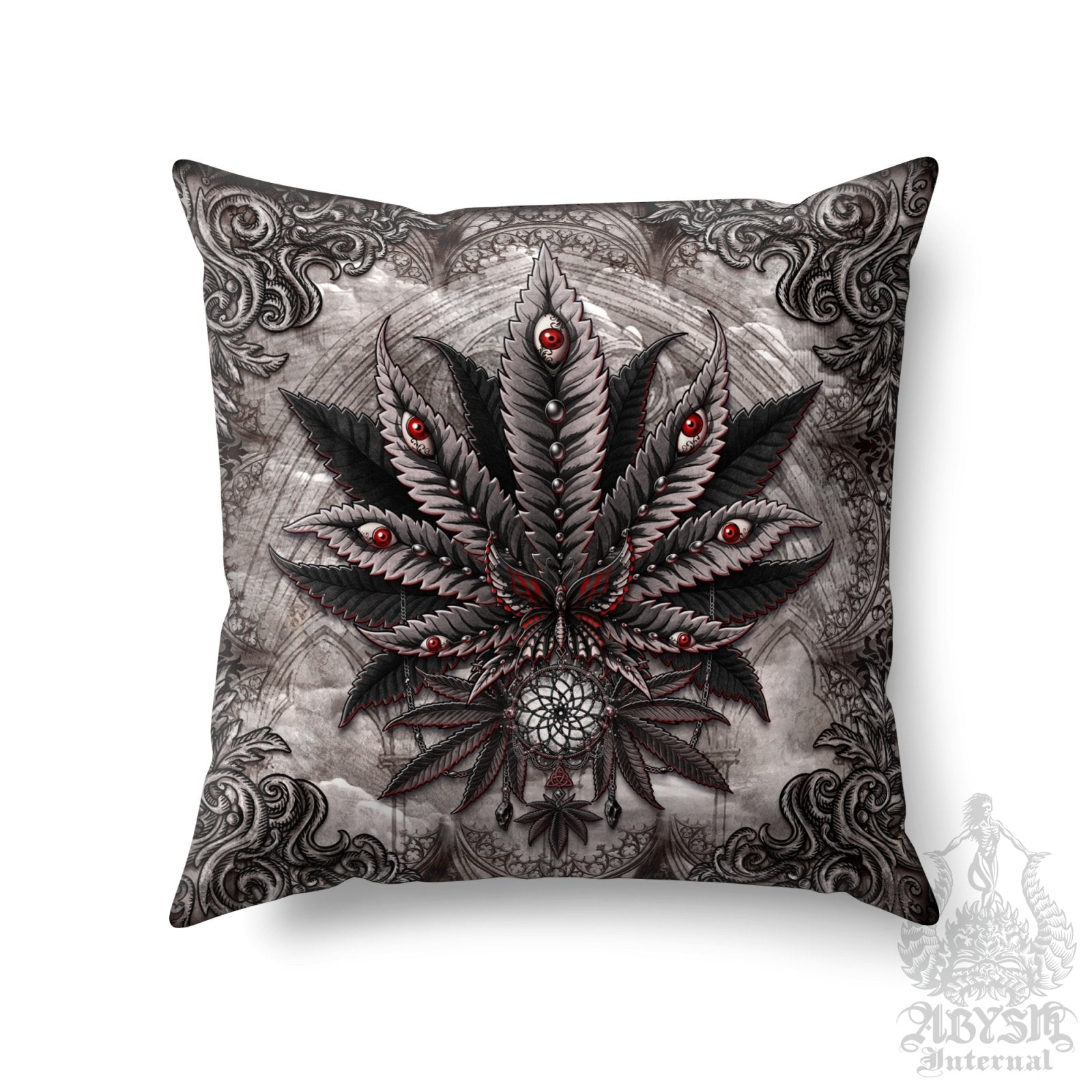 Gothic Weed Throw Pillow, Cannabis Shop Decor, Decorative Accent Cushion, Alternative Room Decor, 420 Art Print - Horror Grey - Abysm Internal