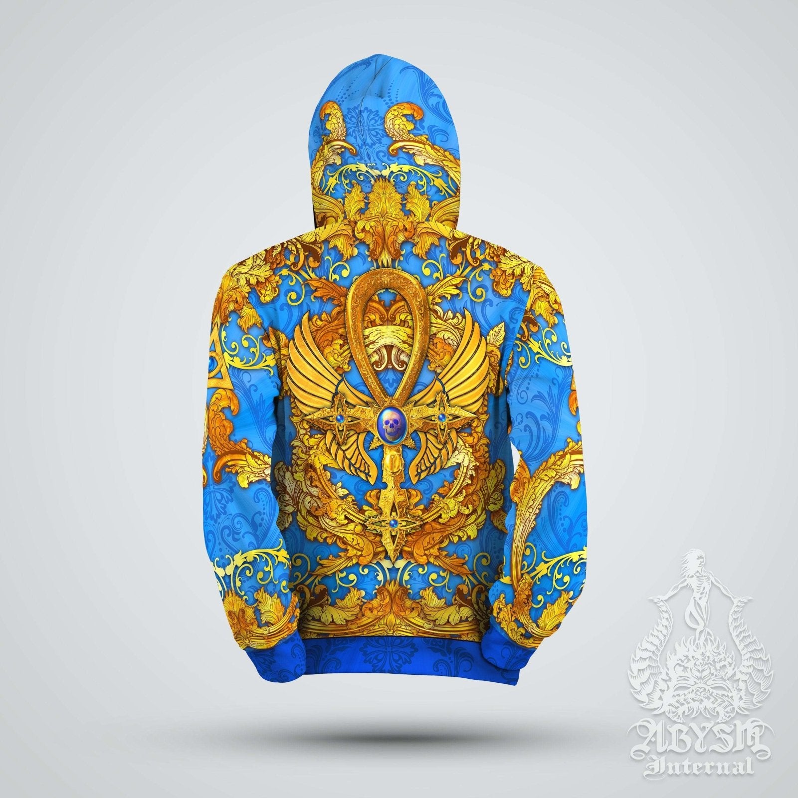 Graffiti Hoodie, Street Outfit, Rave Streetwear, Street Outfit, Festival Apparel, Alternative Clothing, Unisex - Ankh Cross, Cyan and Gold - Abysm Internal