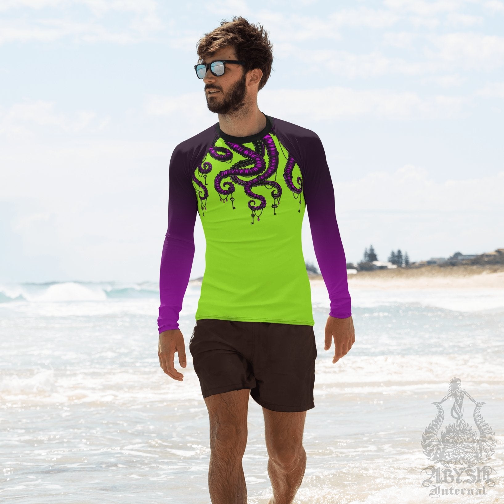 Green and Purple Men's Rash Guard, Long Sleeve spandex shirt for surfing, swimwear top for water sports - Octopus - Abysm Internal