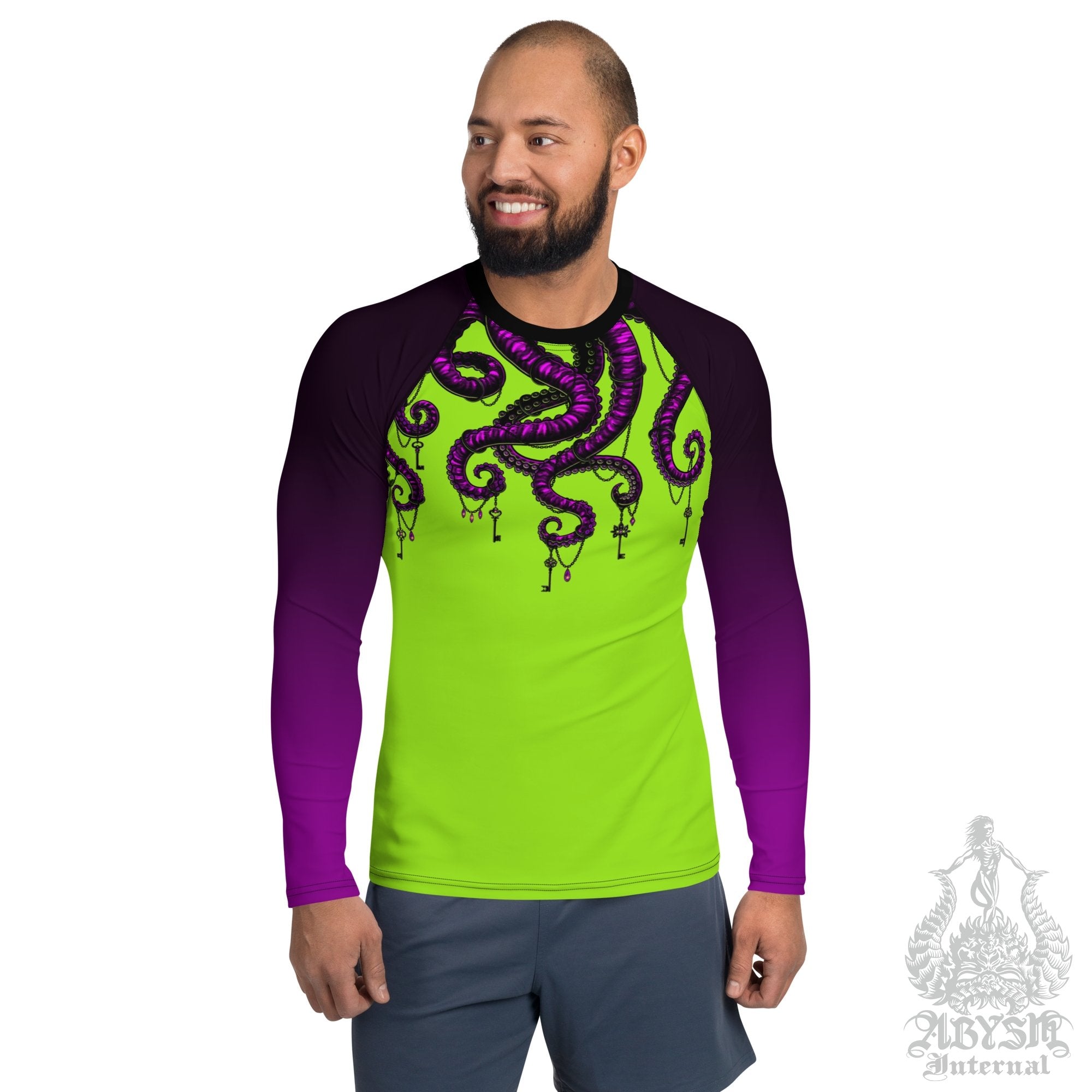 Green and Purple Men's Rash Guard, Long Sleeve spandex shirt for
