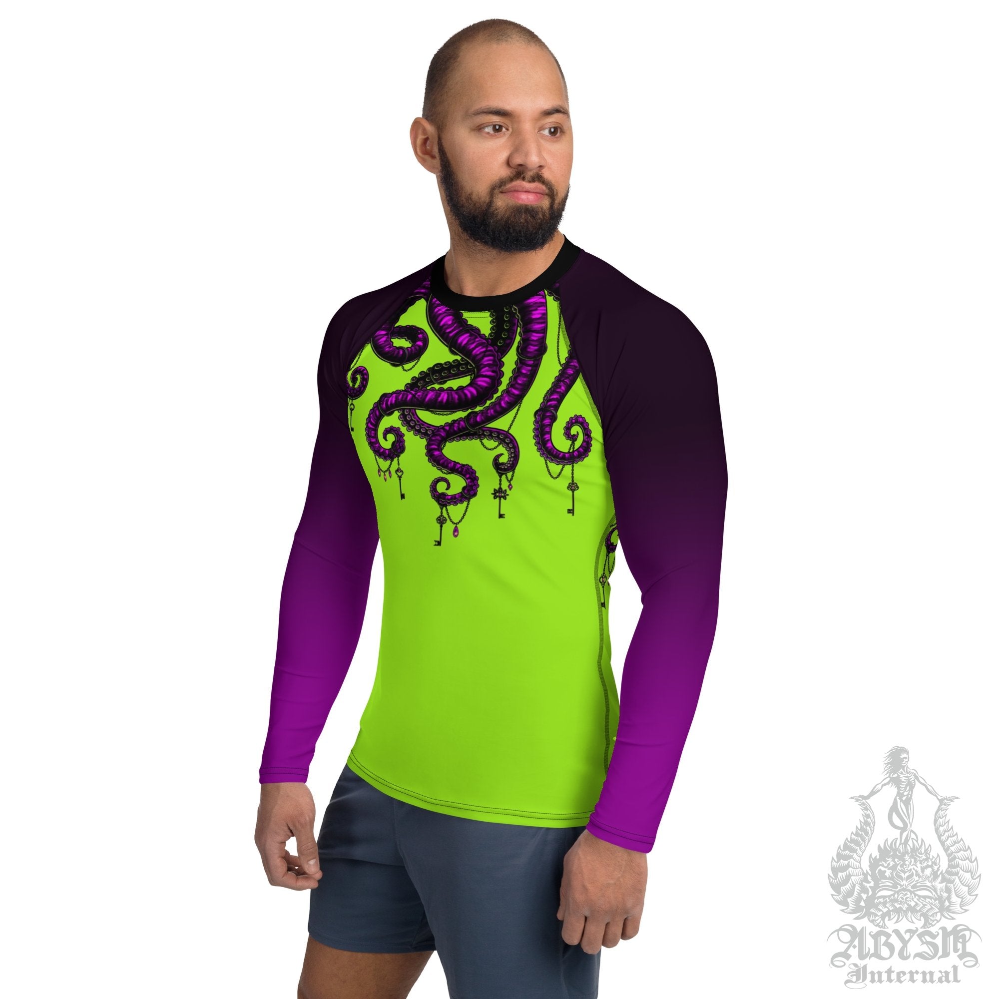 Green and Purple Men's Rash Guard, Long Sleeve spandex shirt for surfing, swimwear top for water sports - Octopus - Abysm Internal