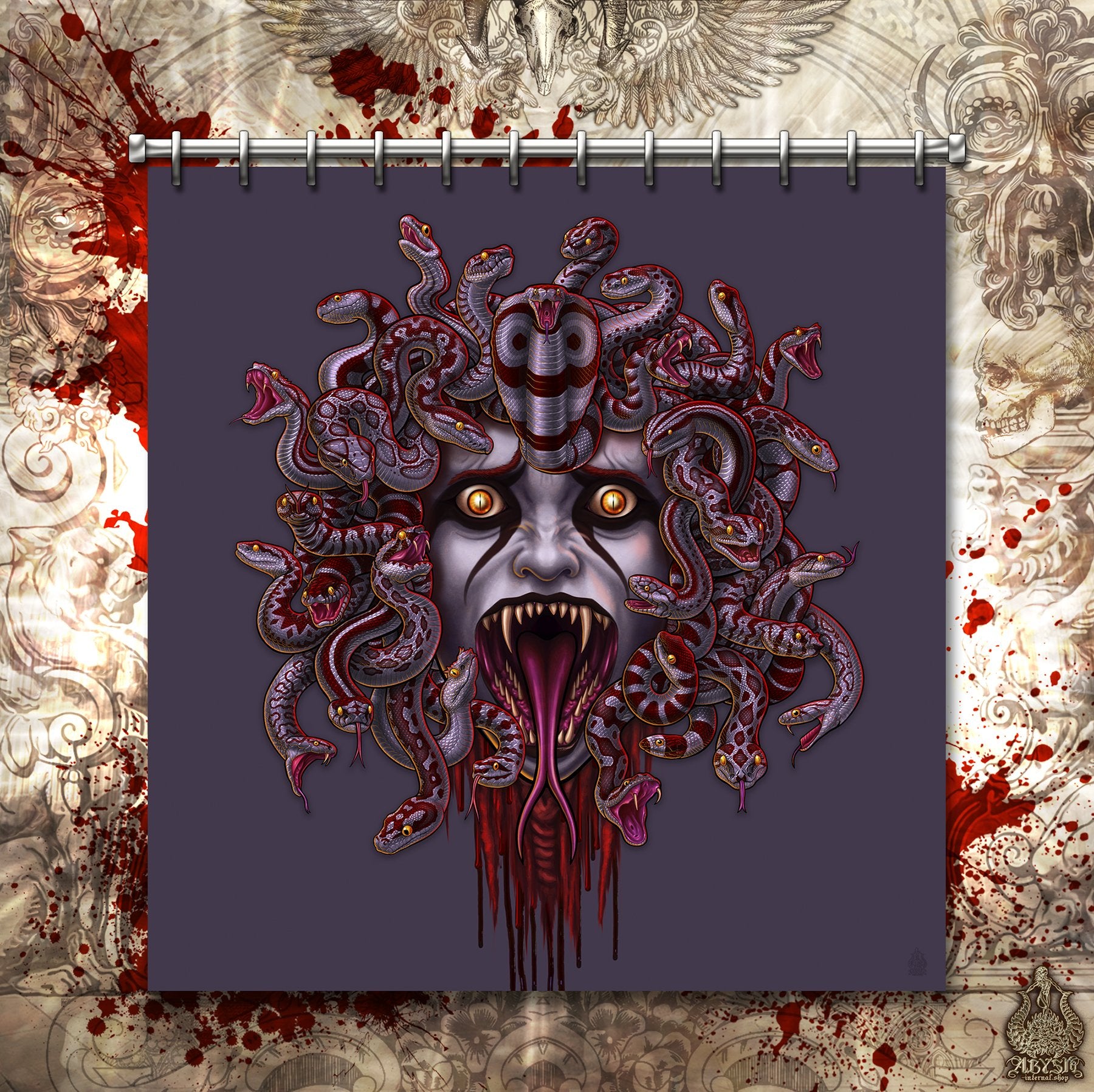 Grey Medusa Shower Curtain, 71x74 inches, Gothic Bathroom Decor, Bloody Gorgon - Ash, 3 Faces - Abysm Internal