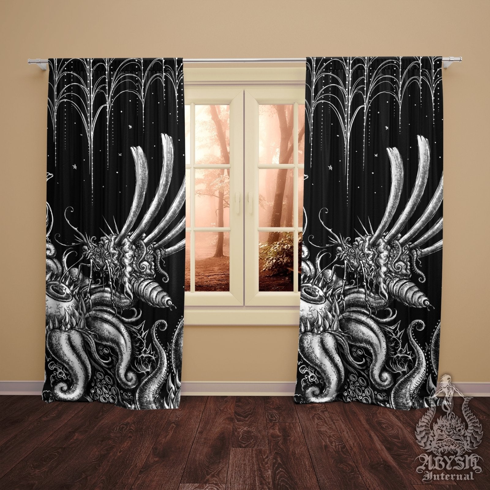 Gross Blackout Curtains, Long Window Panels, Macabre Art Print, Horror Room Decor - Gothic Hell, Gore Bloodfly - Abysm Internal