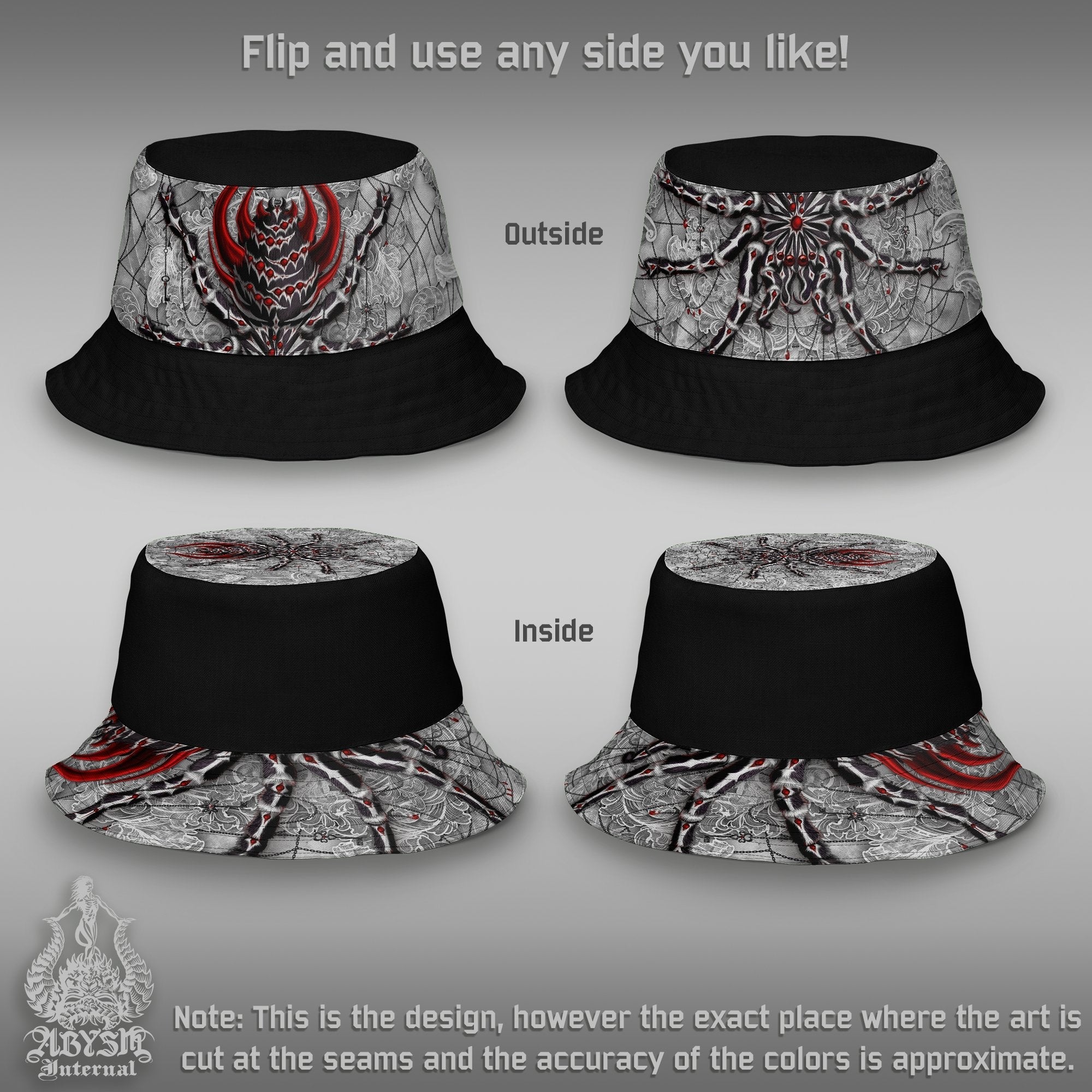 Halloween Bucket Hat, Gothic Streetwear, Pastel Goth Summer Hat, Beach Accessory with Linen feel, Reversible & Unisex - Spider - Abysm Internal