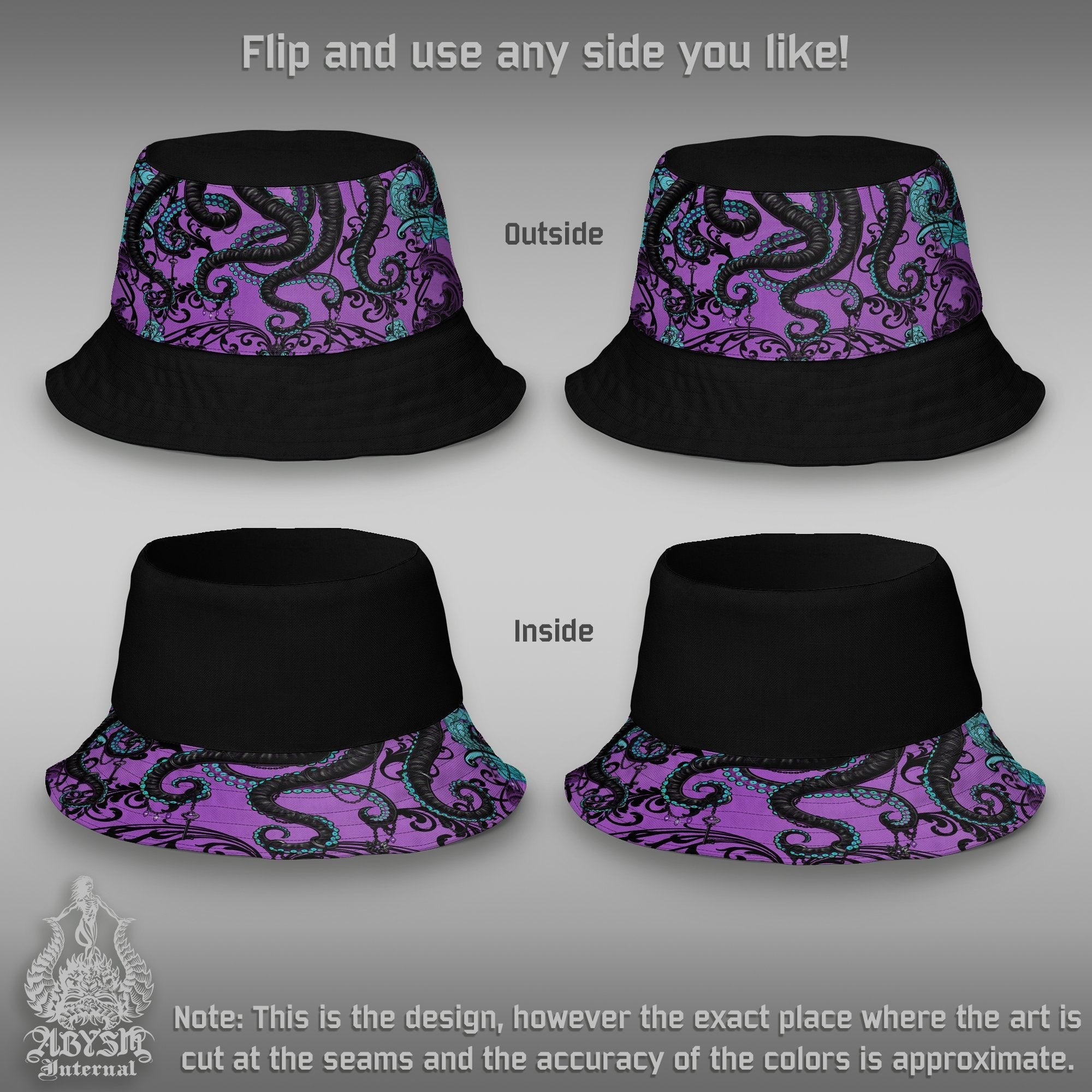 Halloween Bucket Hat, Tentacles Streetwear, Pastel Goth Summer Hat, Gothic Beach Accessory with Linen feel, Reversible & Unisex - Octopus - Abysm Internal