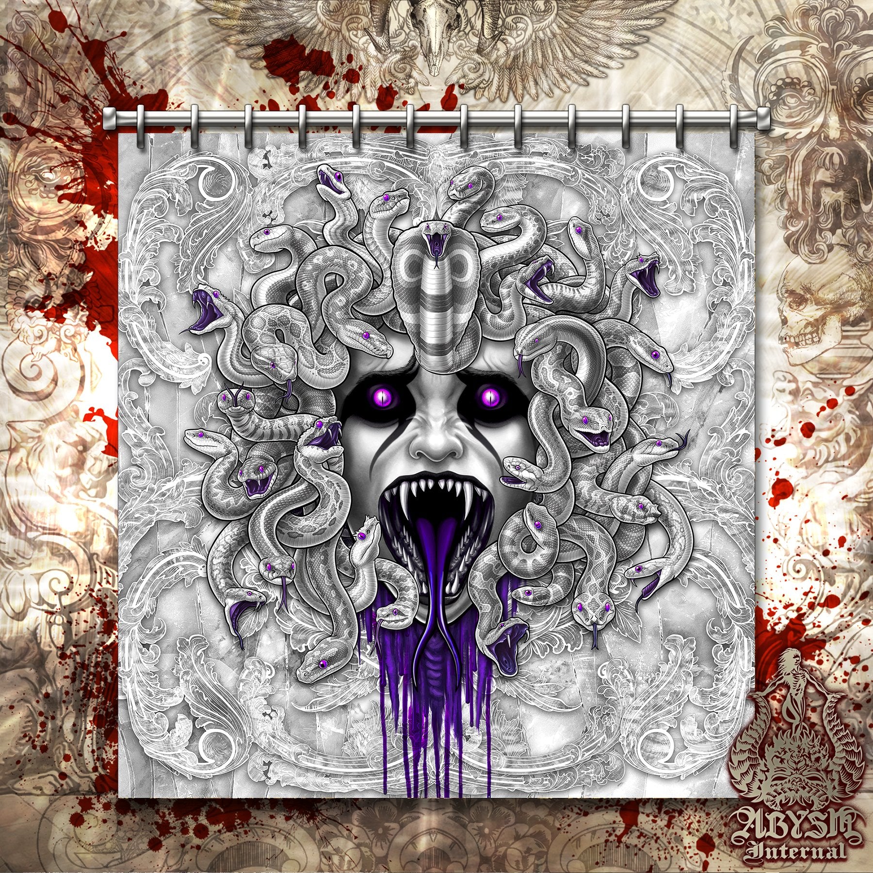 Halloween Shower Curtain, 71x74 inches, Gothic Horror Bathroom Decor, White Goth & Purple - Medusa Skull, 4 Faces - Abysm Internal