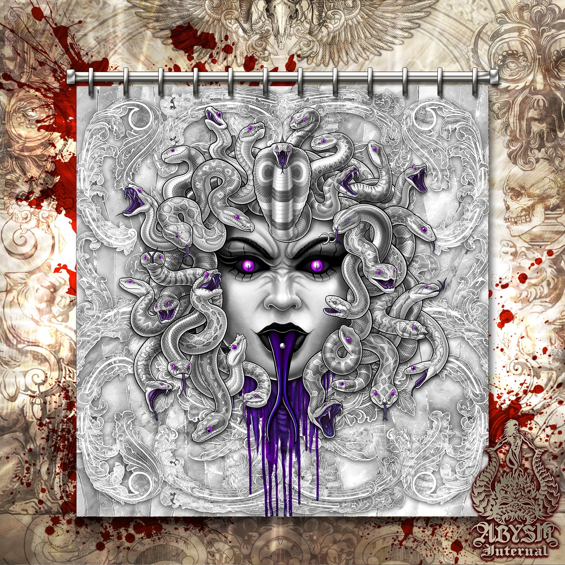 Halloween Shower Curtain, 71x74 inches, Gothic Horror Bathroom Decor, White Goth & Purple - Medusa Skull, 4 Faces - Abysm Internal