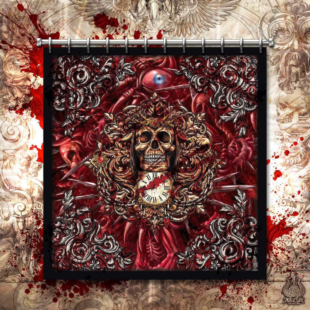 Halloween Shower Curtain, Horror Bathroom Decor, Grim Reaper's Skull - Gore & Blood - Abysm Internal