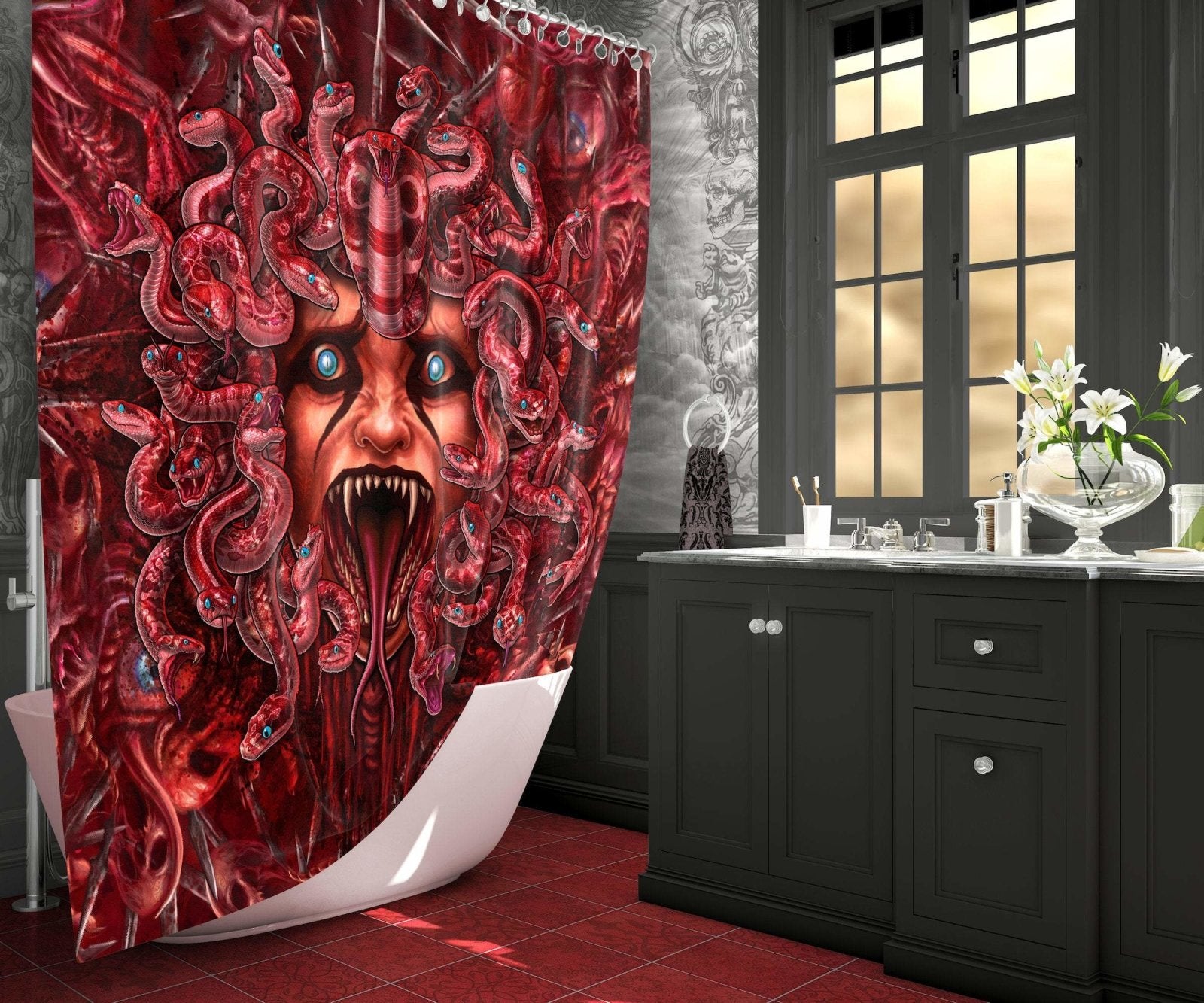 Halloween Shower Curtain, Horror Bathroom Decor, Monster - Screaming Medusa, Gore & Blood Snakes - Abysm Internal