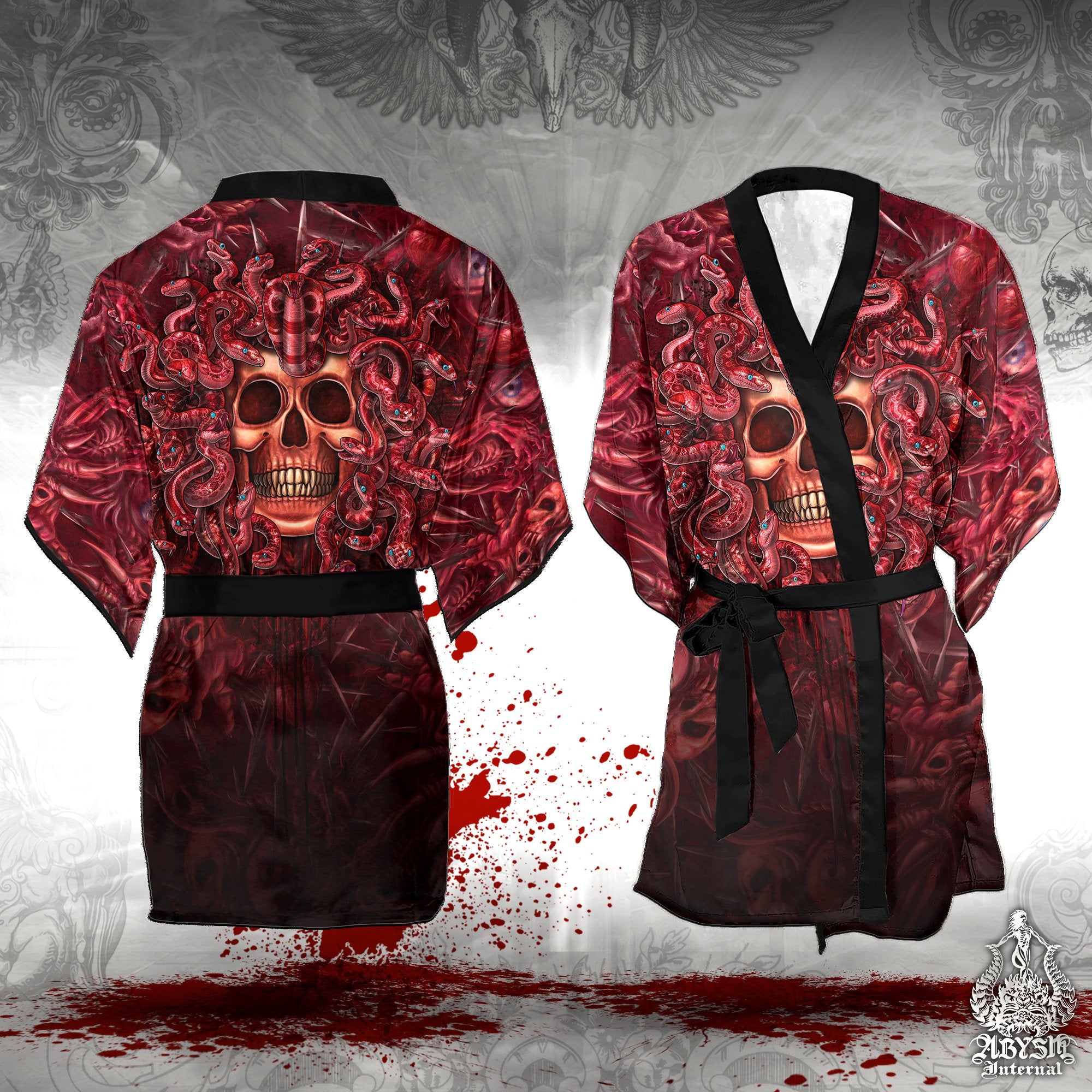 Halloween Skull Short Kimono Robe, Beach Party Outfit, Coverup, Horror Summer Festival, Alternative Clothing, Unisex - Gore and Blood, 2 Faces - Abysm Internal