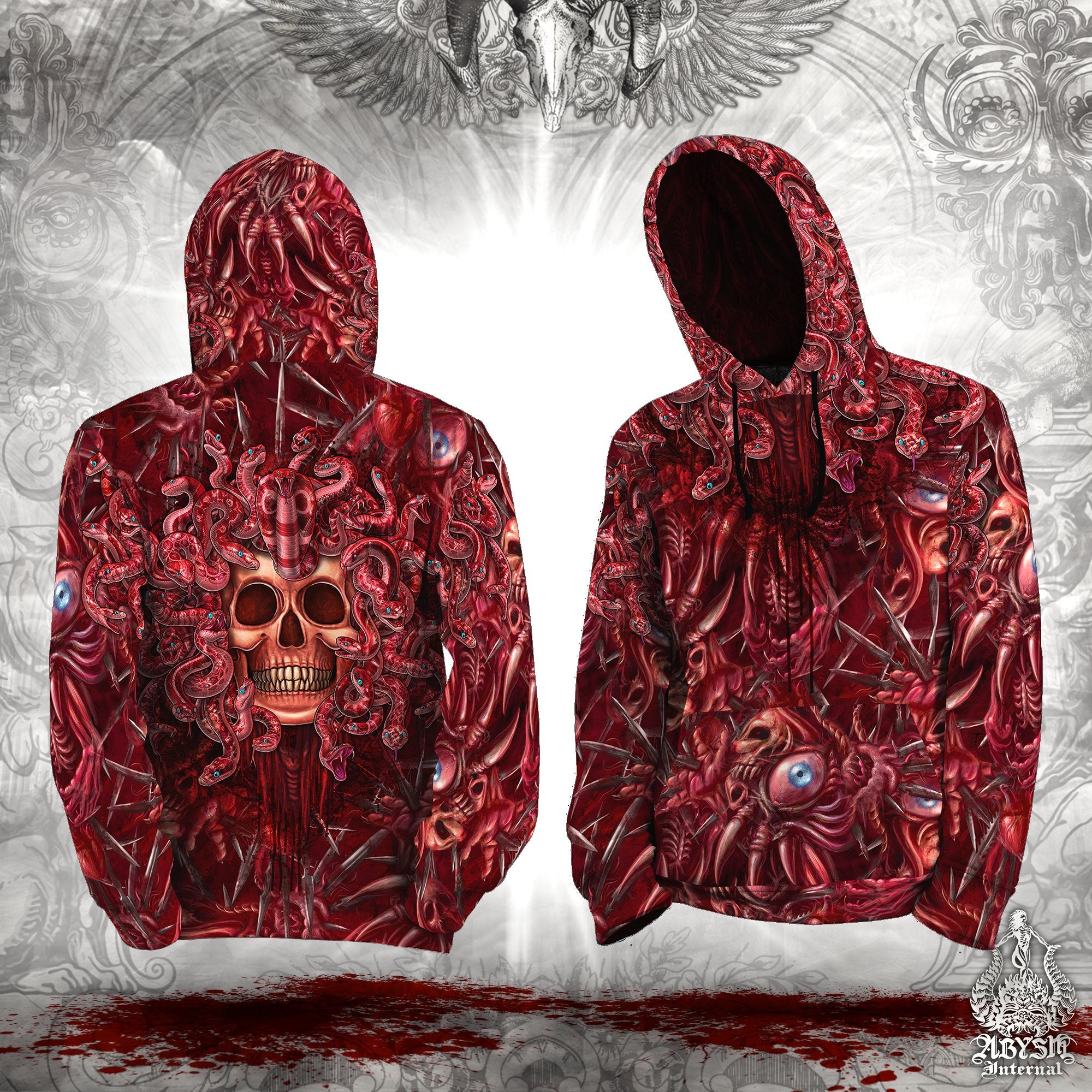 Halloween Sweater, Horror Pullover, Bloody Streetwear, Gore Hoodie, Spooky Outfit, Alternative Clothing, Unisex - Blood Medusa Skull, 2 Faces - Abysm Internal