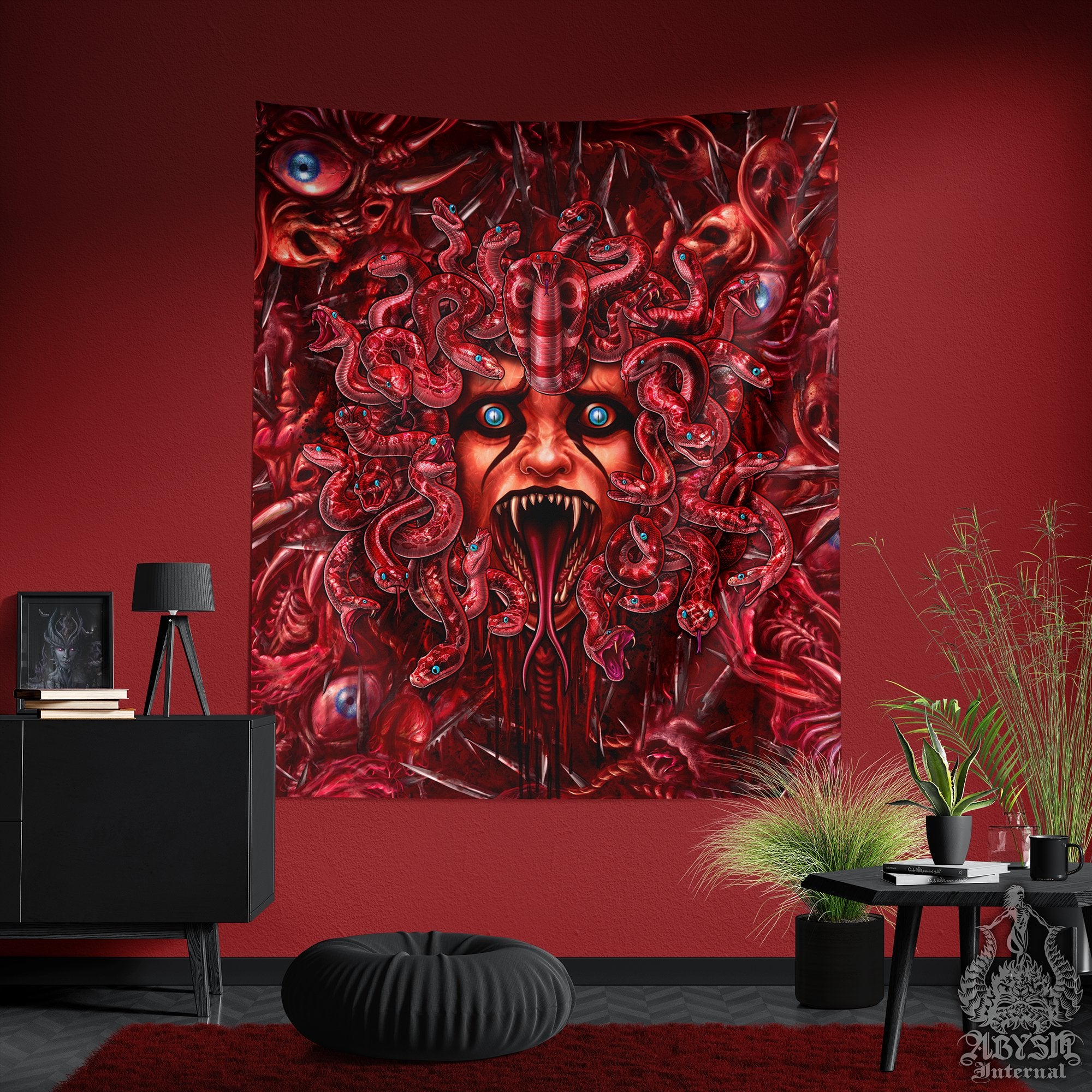 Halloween Tapestry, Gore Skull Wall Hanging, Horror Home Decor, Vertical Art Print - Monster Medusa & Snakes, 3 Faces - Abysm Internal