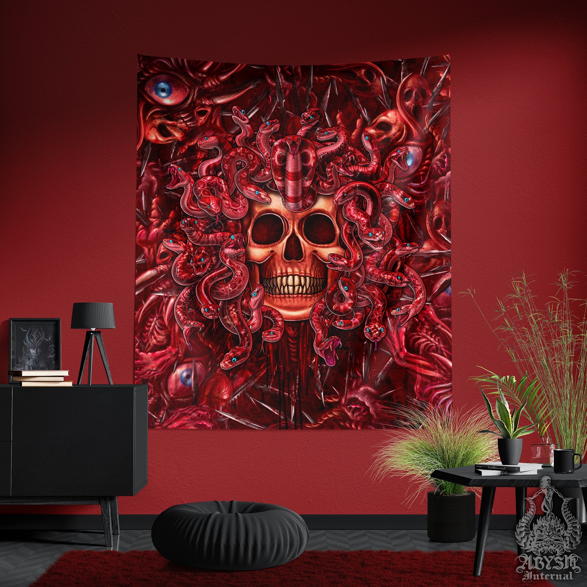 Halloween Tapestry, Gore Skull Wall Hanging, Horror Home Decor, Vertical Art Print - Monster Medusa & Snakes, 3 Faces - Abysm Internal