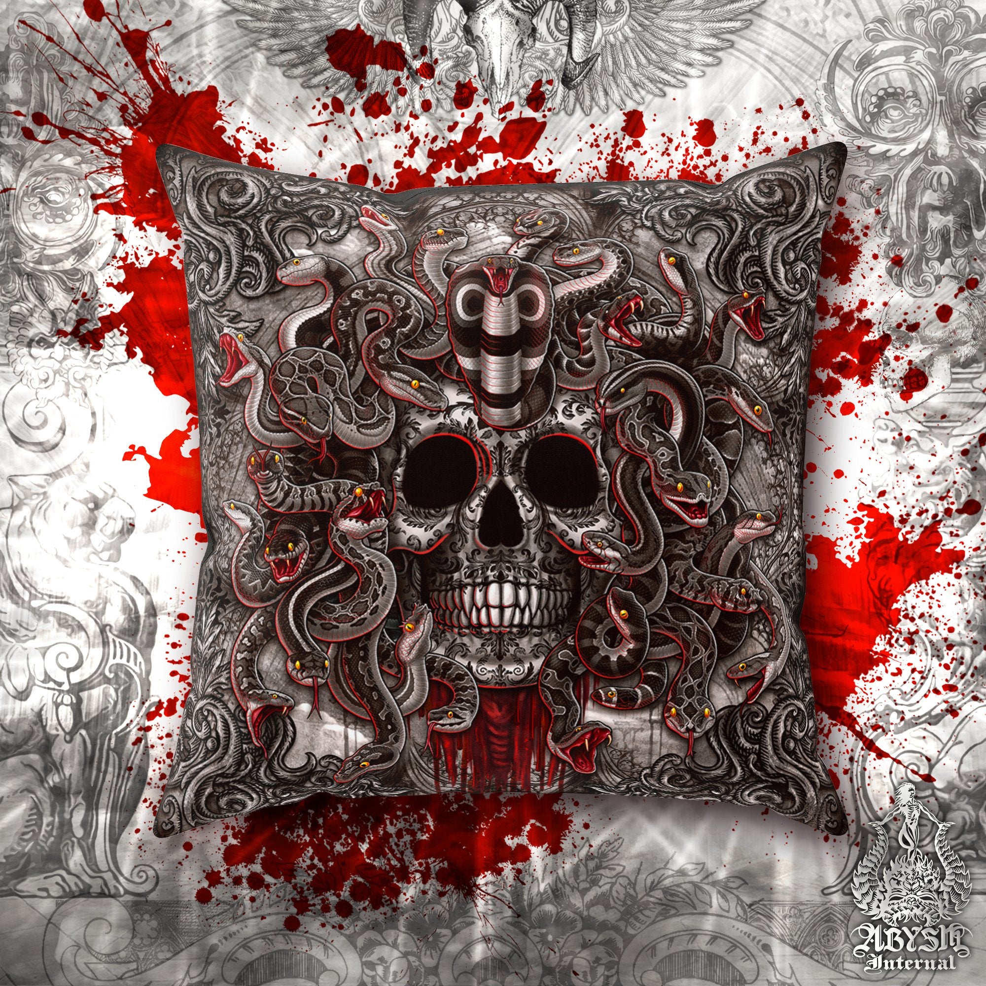 Halloween Throw Pillow, Decorative Accent Pillow, Square Cushion Cover, Gothic Medusa, Skull Art, Horror Room Decor, Alternative Home - Grey Snakes, 4 Faces - Abysm Internal