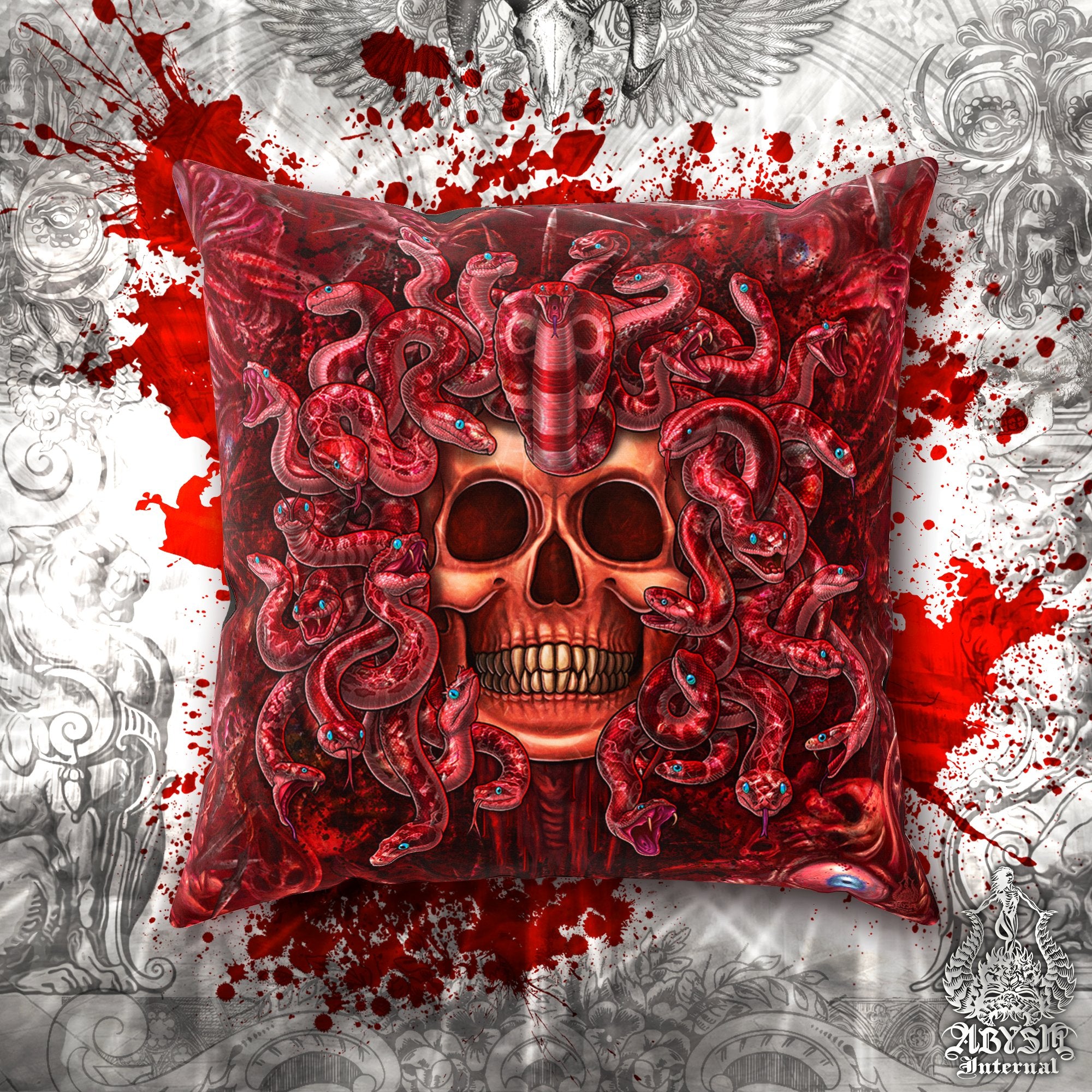 Halloween Throw Pillow, Decorative Accent Pillow, Square Cushion Cover, Medusa, Horror Room Decor, Alternative Home - Gore & Flesh Snakes, 3 Faces - Abysm Internal