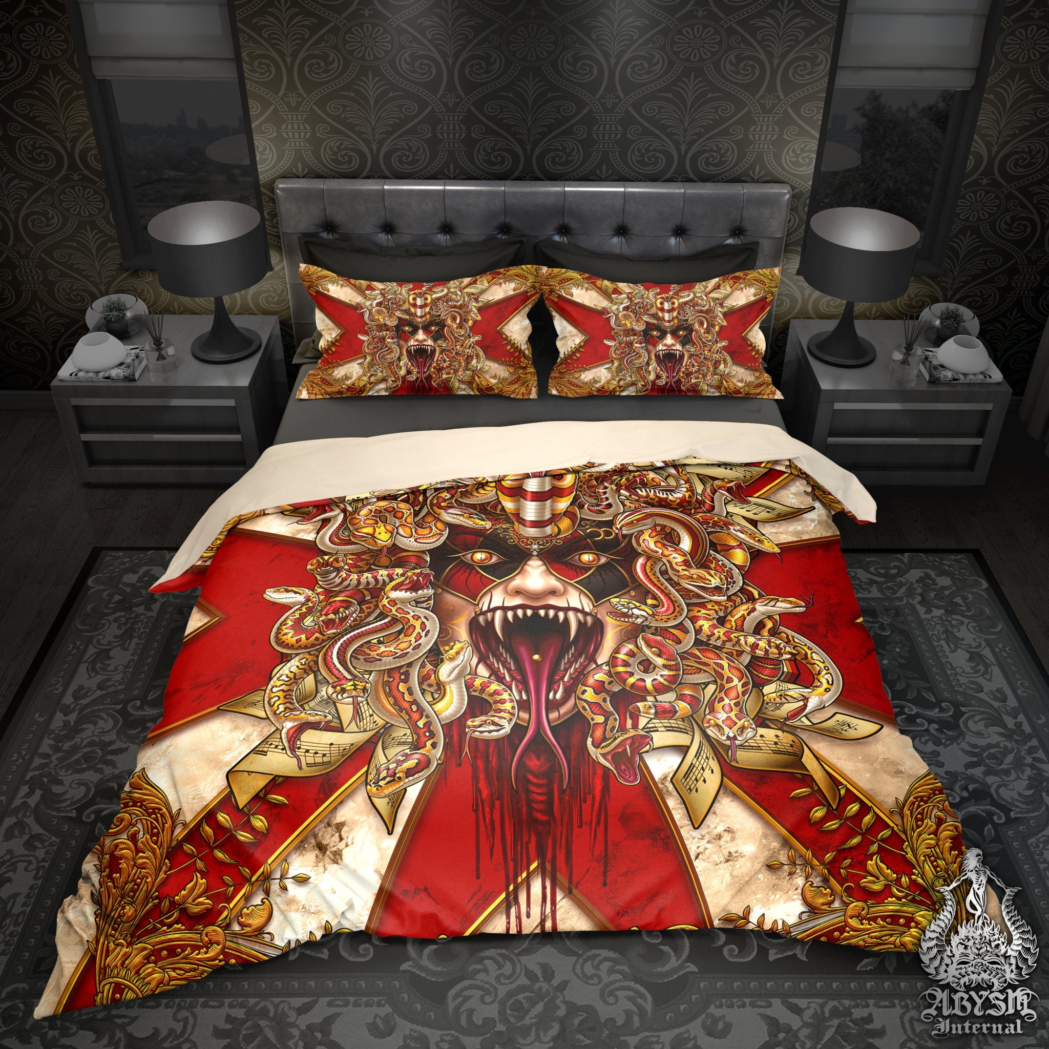 Harlequin Duvet Cover, Bed Covering, Carnival Skull Comforter, Bedroom Decor, King, Queen & Twin Bedding Set - Medusa, 4 Faces, 7 Colors - Abysm Internal