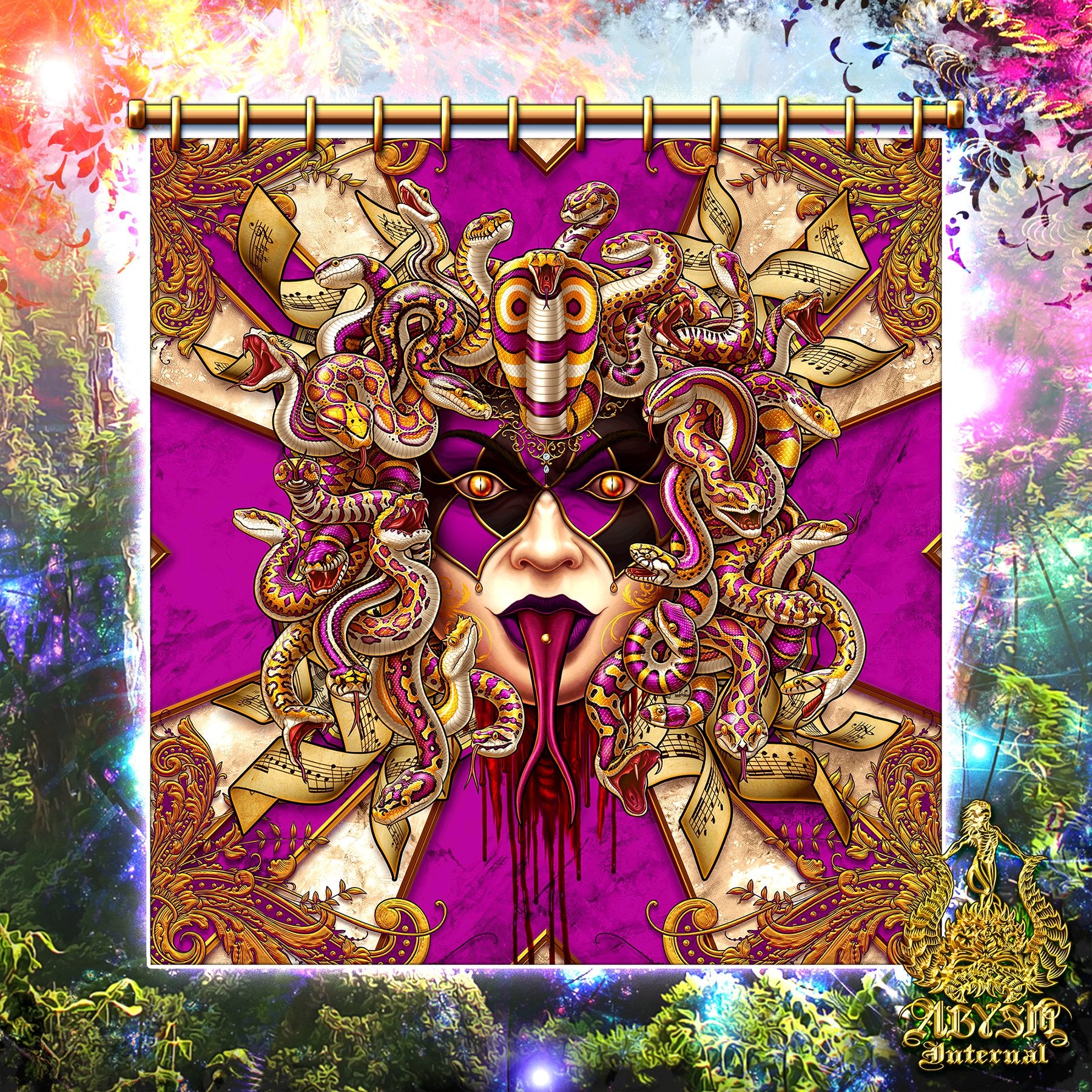 Harlequin Skull Shower Curtain, 71x74 inches, Medusa Art, Goth Bathroom Decor, Venice Carnival - 4 Faces & 7 Colors - Abysm Internal