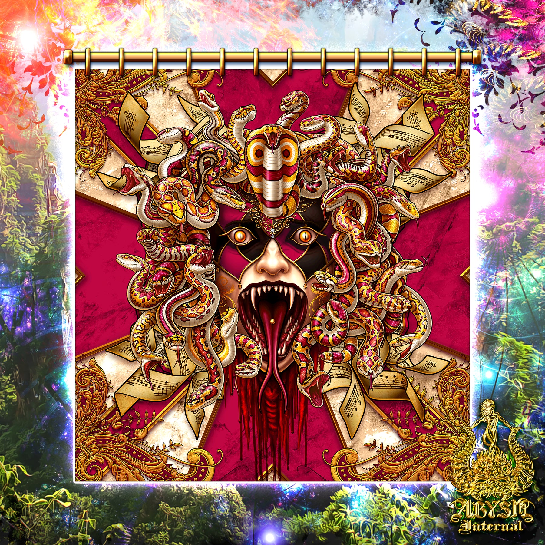 Harlequin Skull Shower Curtain, 71x74 inches, Medusa Art, Goth Bathroom Decor, Venice Carnival - 4 Faces & 7 Colors - Abysm Internal