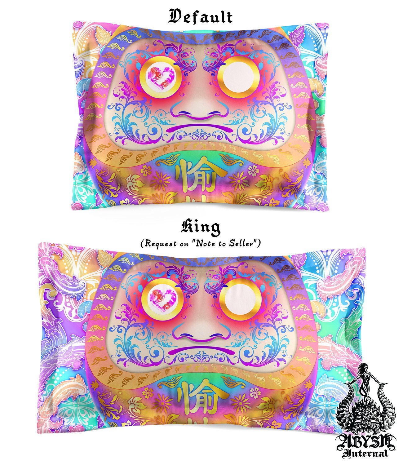 Holographic Bedding Set, Comforter and Duvet, Pastel Daruma, Aesthetic Bed Cover, Kawaii Bedroom Decor, Indie, King, Queen and Twin Size - Psychedelic, Fairy Kei - Abysm Internal