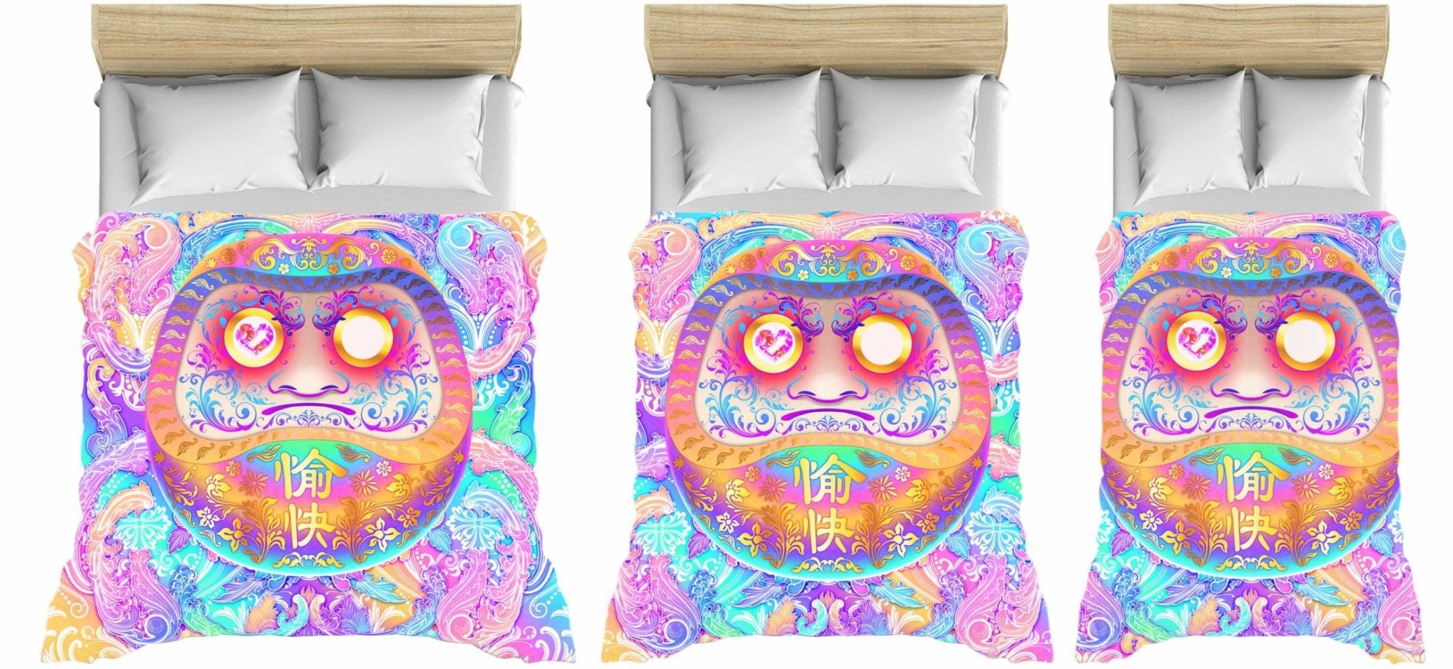 Holographic Bedding Set, Comforter and Duvet, Pastel Daruma, Aesthetic Bed Cover, Kawaii Bedroom Decor, Indie, King, Queen and Twin Size - Psychedelic, Fairy Kei - Abysm Internal