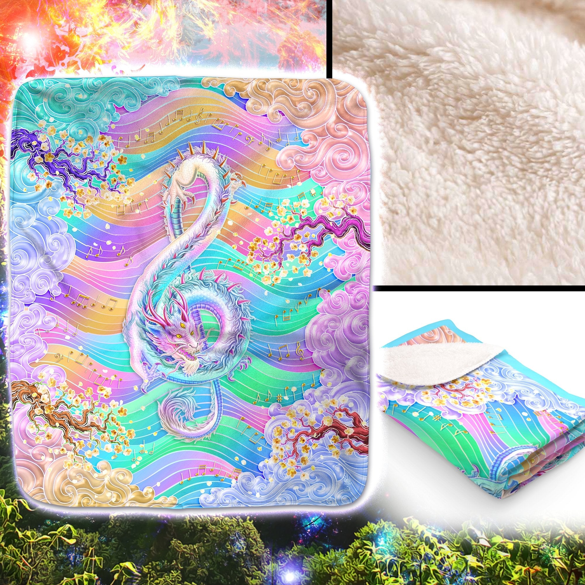 Holographic Dragon Throw Fleece Blanket, Treble Clef, Music Art, Aesthetic Decor, Eclectic and Funky Gift - Pastel Dragon - Abysm Internal