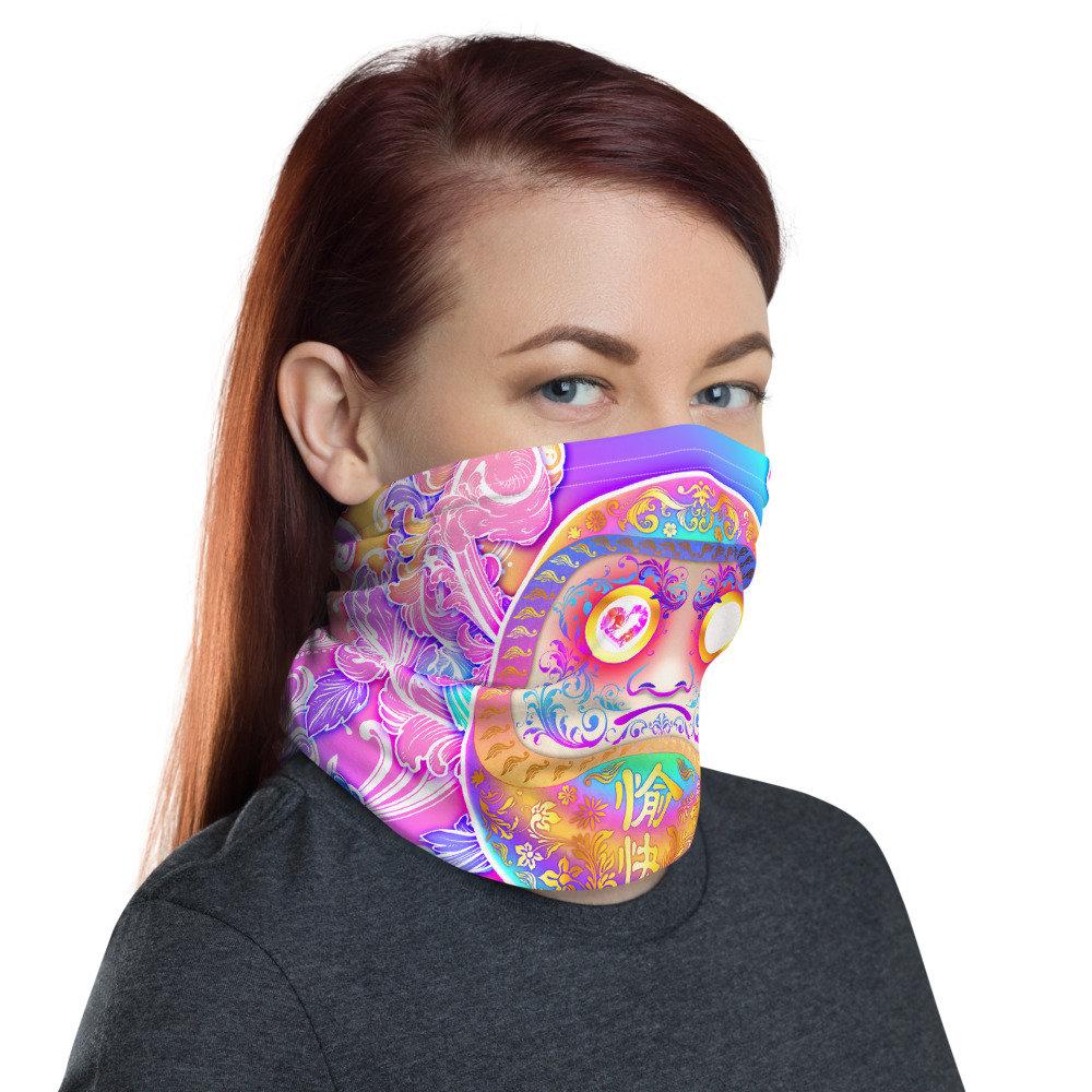 Holographic Neck Gaiter, Face Mask, Head Covering, Rave Outfit, Trippy, Funny Anime Style Outfit - Psychedelic Pastel Daruma - Abysm Internal