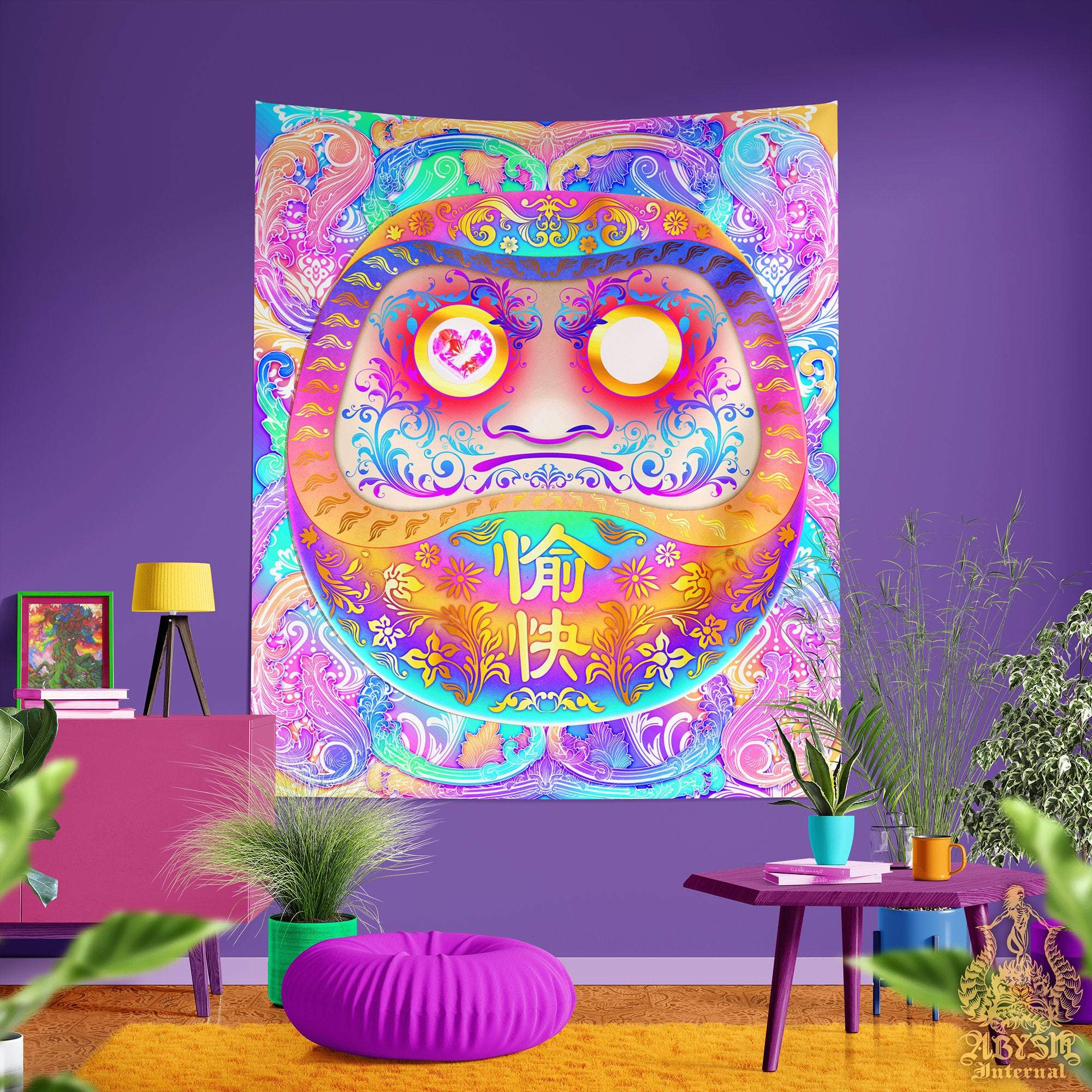 Holographic Tapestry, Aesthetic Wall Hanging, Psychedelic Home Decor, Art Print, Eclectic and Funky - Pastel Daruma, Yume Kawaii and Fairy Kei - Abysm Internal