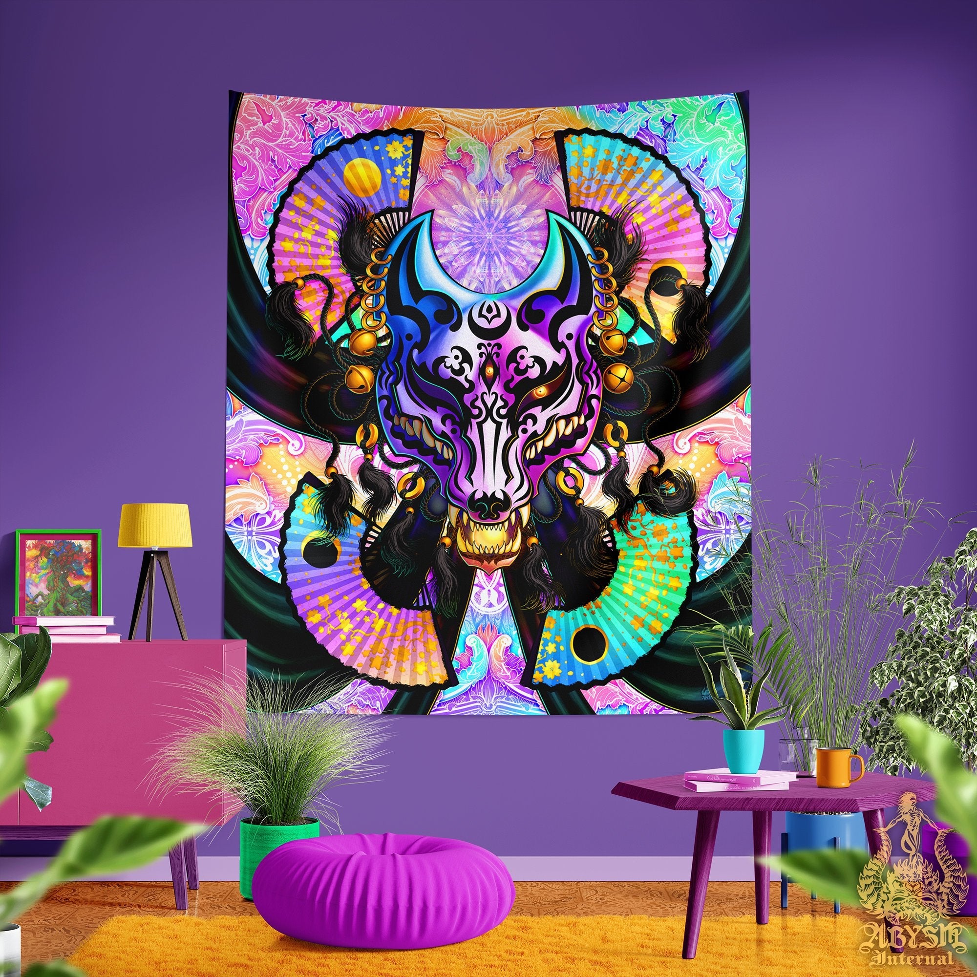 Holographic Tapestry, Japanese Wall Hanging, Anime Home Decor, Art Print, Okami, Kitsune Mask, Eclectic and Funky - Pastel Punk Fox - Abysm Internal