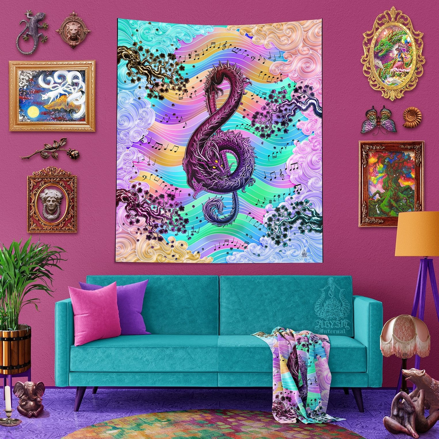 Holographic Tapestry, Music Wall Hanging, Aesthetic Home Decor, Art Print, Eclectic and Funky - Pastel Punk Dragon, Yume Kawaii and Fairy Kei, Treble Clef - Abysm Internal
