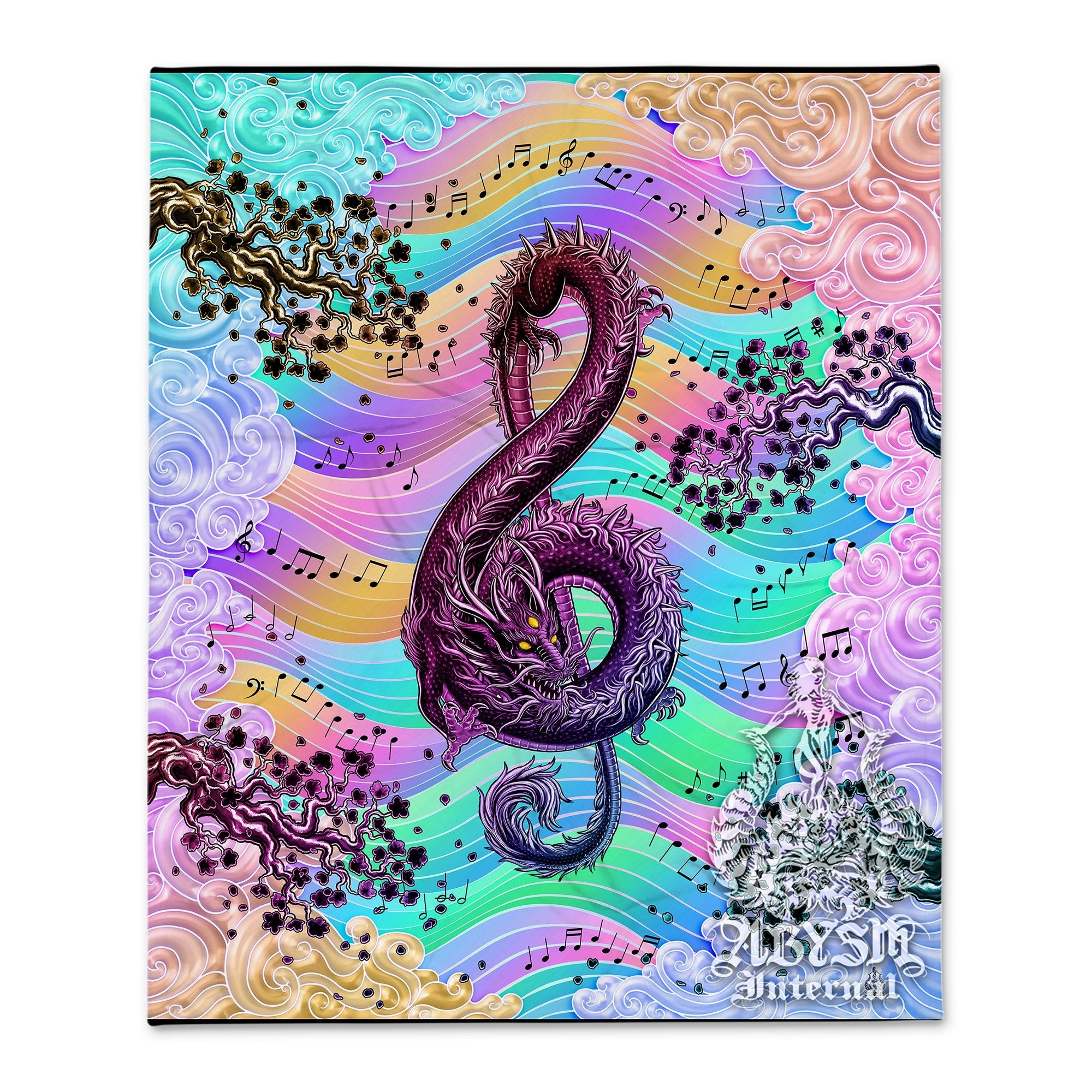 Holographic Tapestry, Music Wall Hanging, Aesthetic Home Decor, Art Print, Eclectic and Funky - Pastel Punk Dragon, Yume Kawaii and Fairy Kei, Treble Clef - Abysm Internal