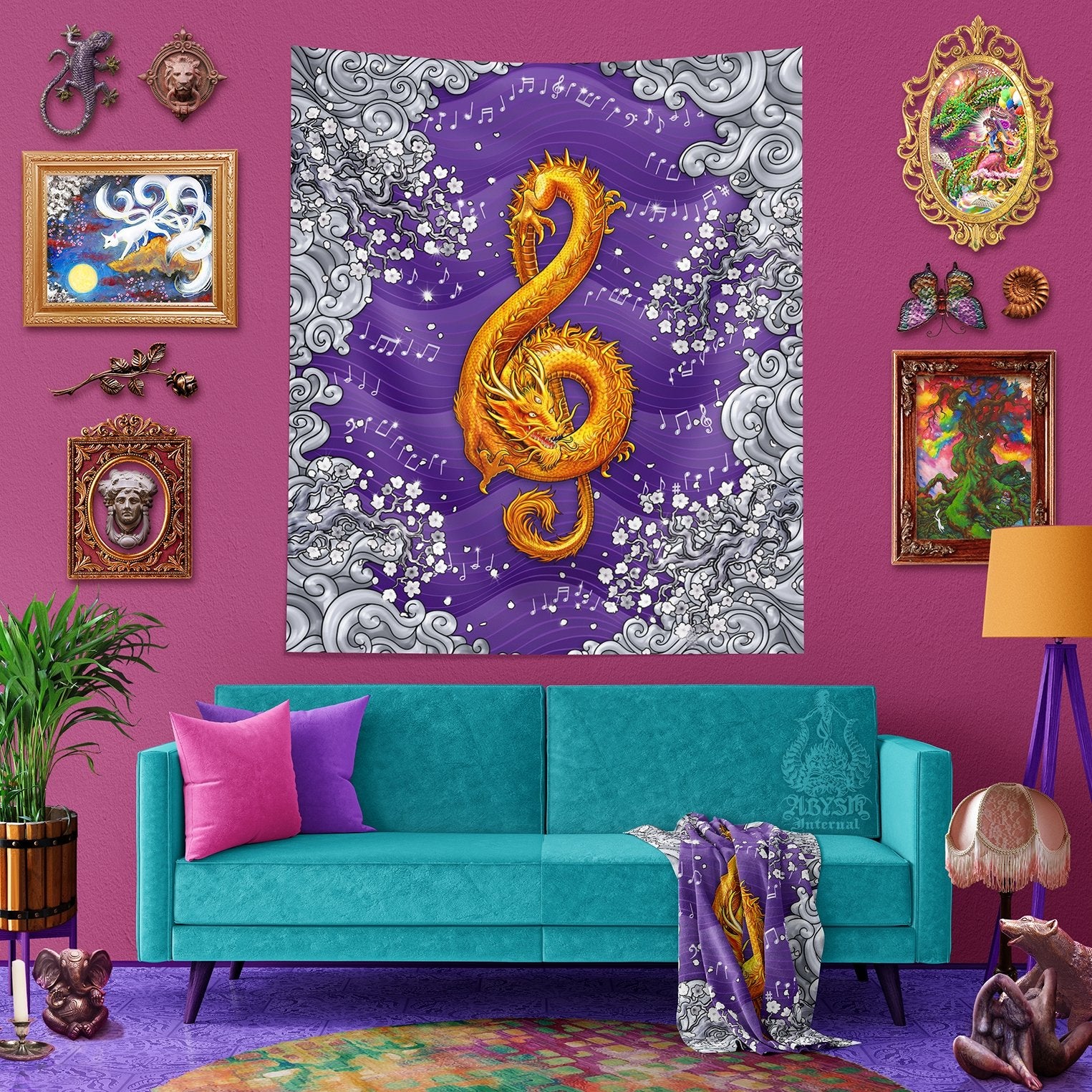 Holographic Tapestry, Music Wall Hanging, Aesthetic Home Decor, Art Print - Pastel Dragon, Yume Kawaii and Fairy Kei, Treble Clef - Abysm Internal