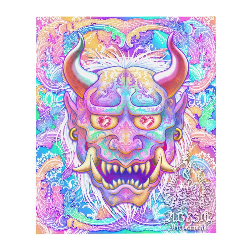 Holographic Tapestry, Psychedelic Wall Hanging, Japanese Demon, Aesthetic Home Decor, Art Print, Eclectic and Funky - Pastel Oni - Abysm Internal
