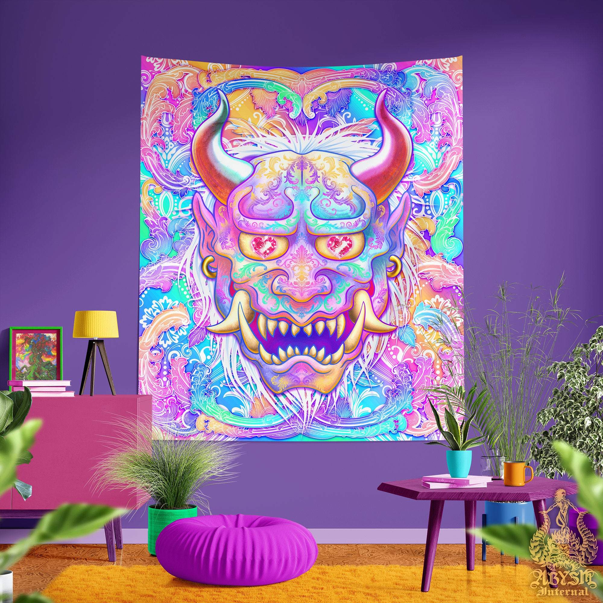 Holographic Tapestry, Psychedelic Wall Hanging, Japanese Demon, Aesthetic Home Decor, Art Print, Eclectic and Funky - Pastel Oni - Abysm Internal