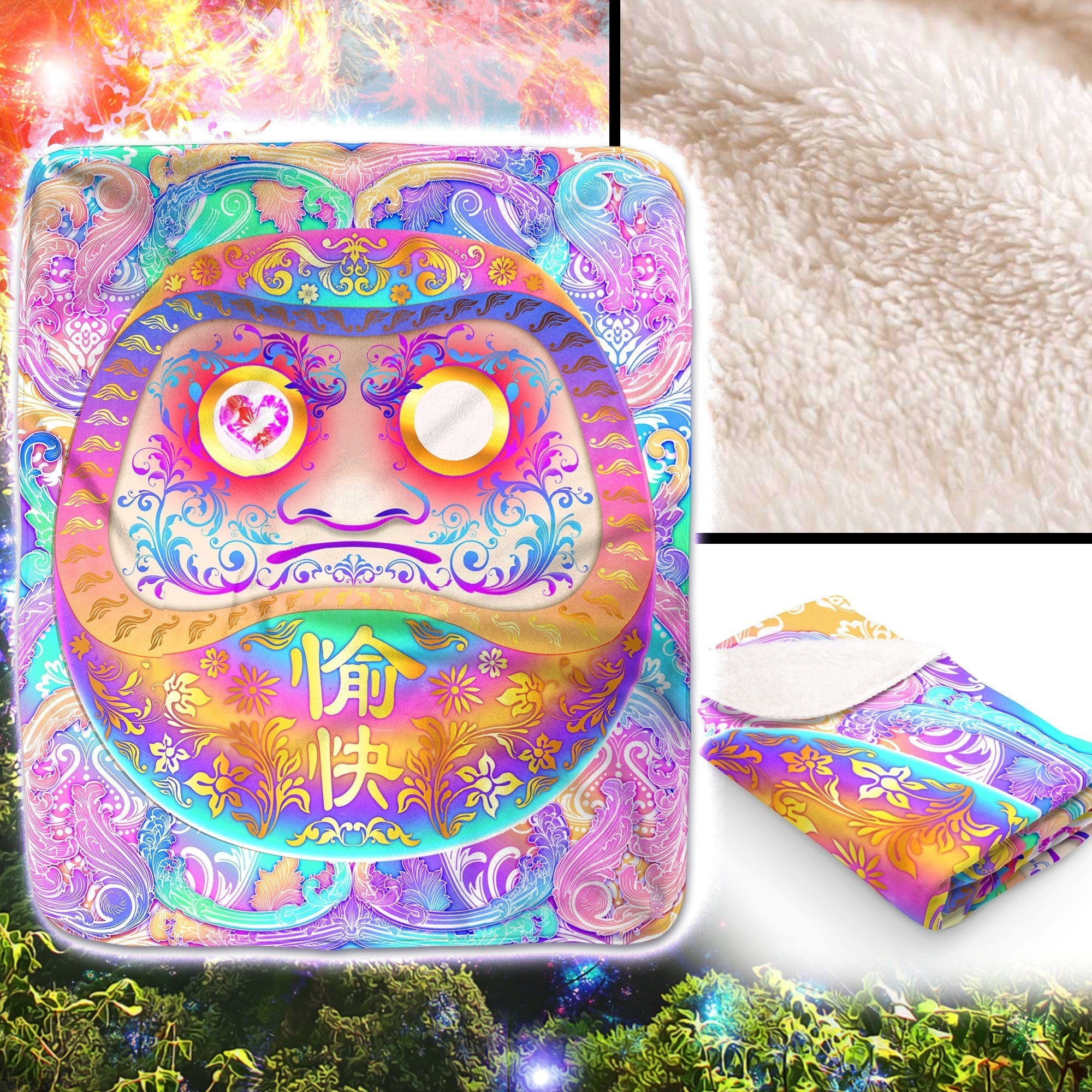 Holographic Throw Fleece Blanket, Aesthetic Room, Japanese Anime and Manga, Psychedelic Decor, Eclectic and Funky Gift - Pastel Daruma, Fairy Kei - Abysm Internal