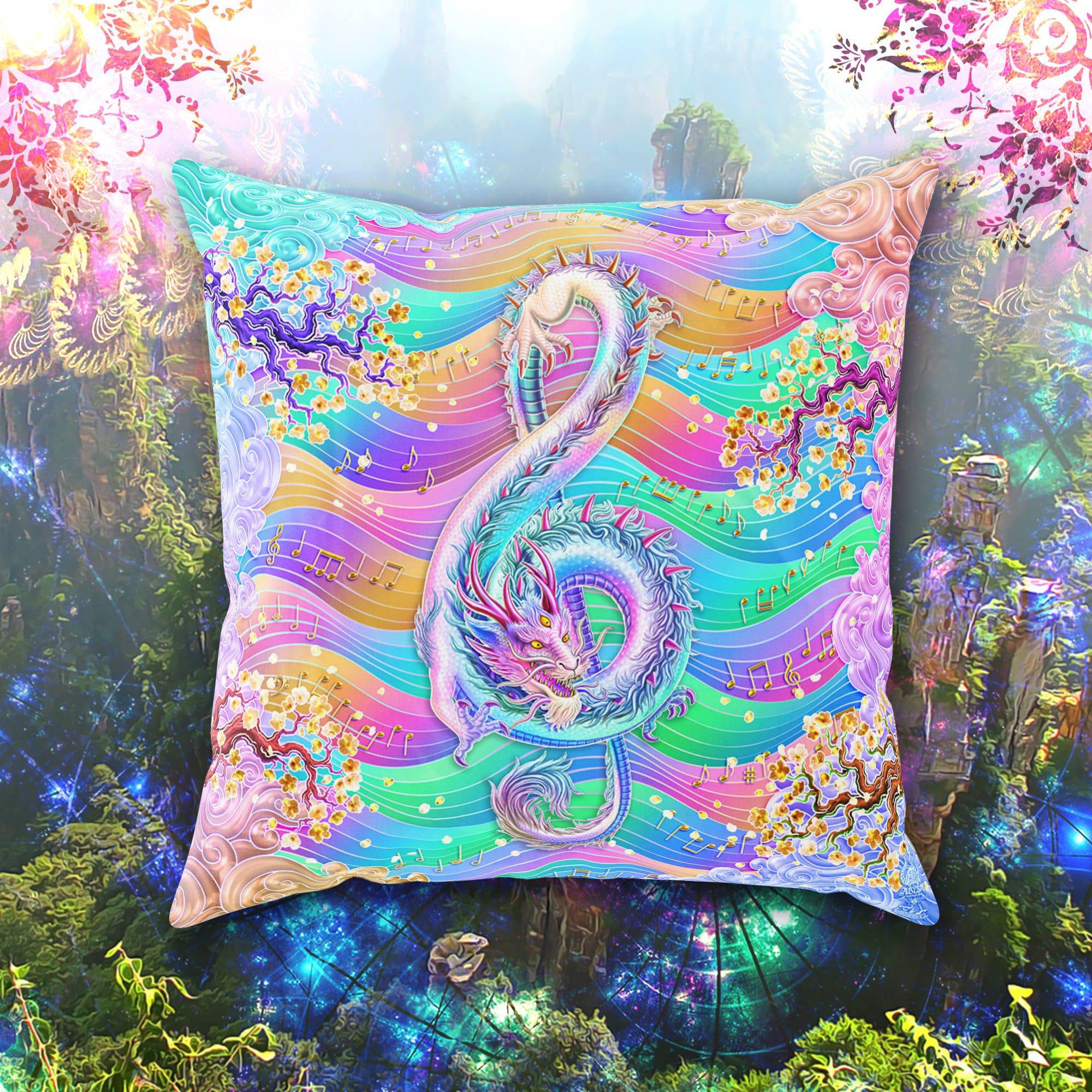 Holographic Throw Pillow, Decorative Accent Cushion, Aesthetic Room Decor, Music Art, Fairy Kei and Yume Kawaii style, Funky and Eclectic Home - Treble Clef, Pastel Dragon - Abysm Internal