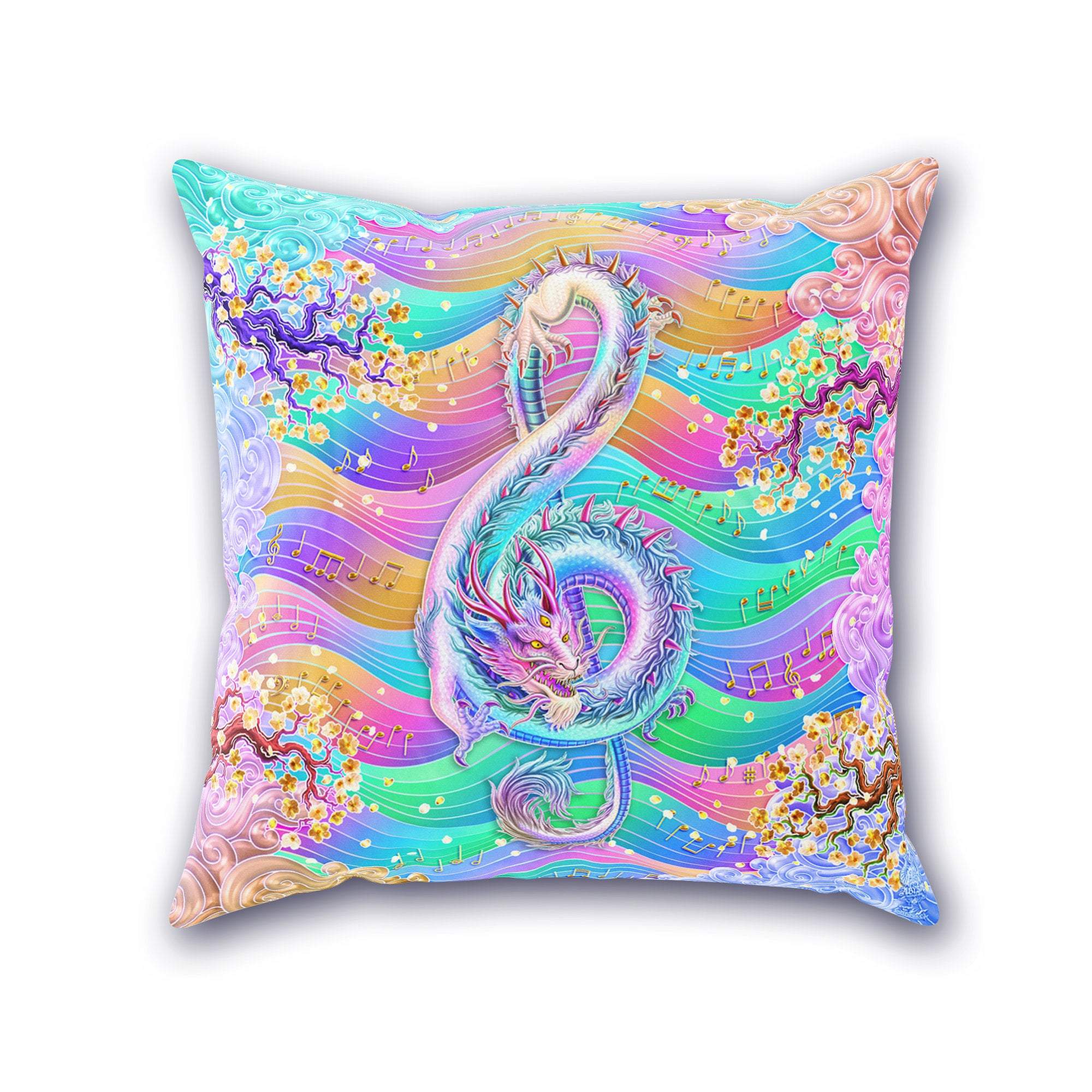 Holographic Throw Pillow, Decorative Accent Cushion, Aesthetic Room Decor, Music Art, Fairy Kei and Yume Kawaii style, Funky and Eclectic Home - Treble Clef, Pastel Dragon - Abysm Internal