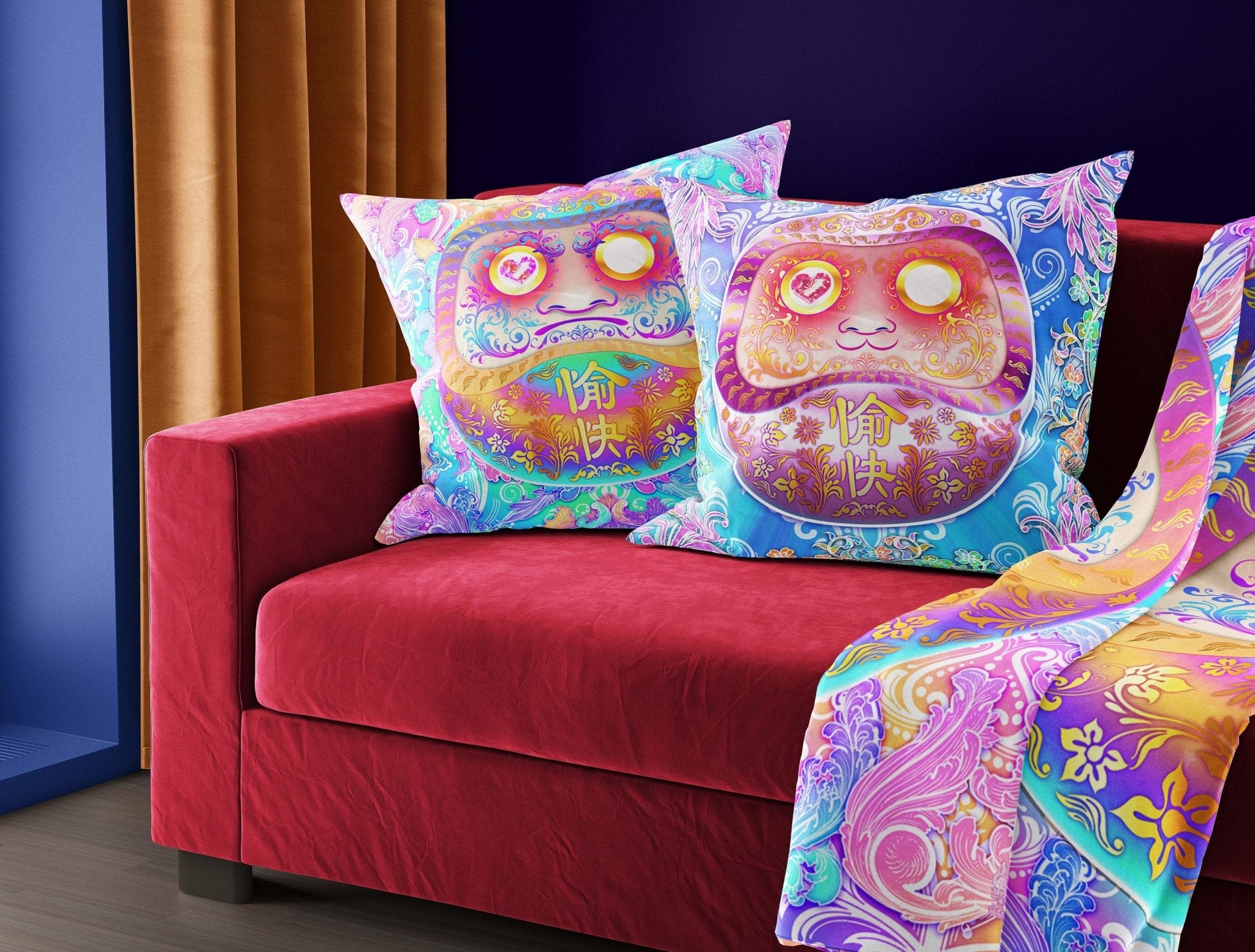 Holographic Throw Pillow, Decorative Accent Cushion, Funny, Aesthetic and Psychedelic Room Decor, Fairy Kei and Yume Kawaii style, Funky and Eclectic Home - Pastel Daruma - Abysm Internal