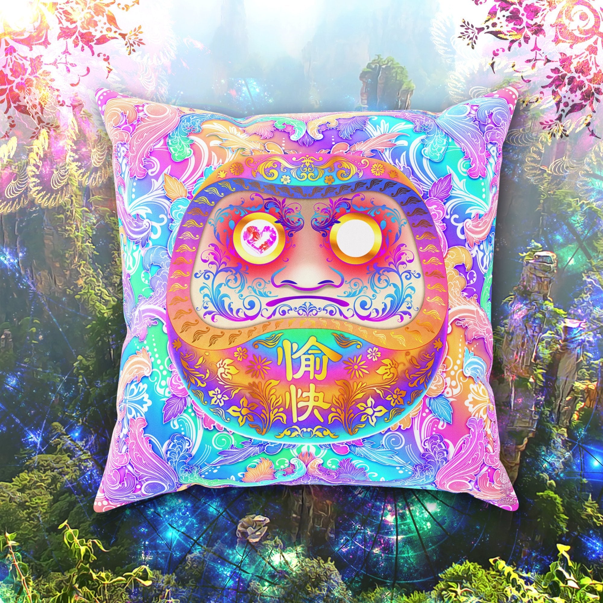 Holographic Throw Pillow, Decorative Accent Cushion, Funny, Aesthetic and Psychedelic Room Decor, Fairy Kei and Yume Kawaii style, Funky and Eclectic Home - Pastel Daruma - Abysm Internal