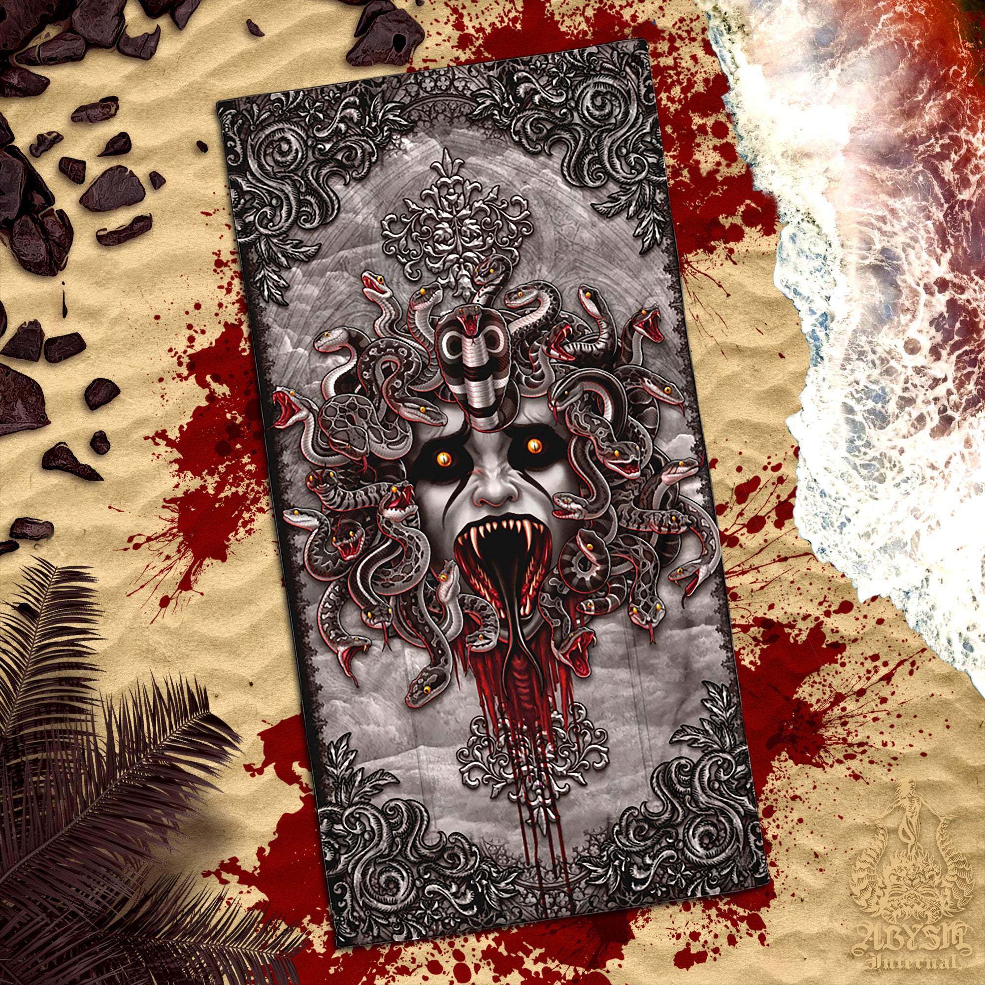 Horror Beach Towel, Gothic Medusa, Cool Gift Idea for Gamer, Goth Art, Snakes - Grunge, Grey - Abysm Internal