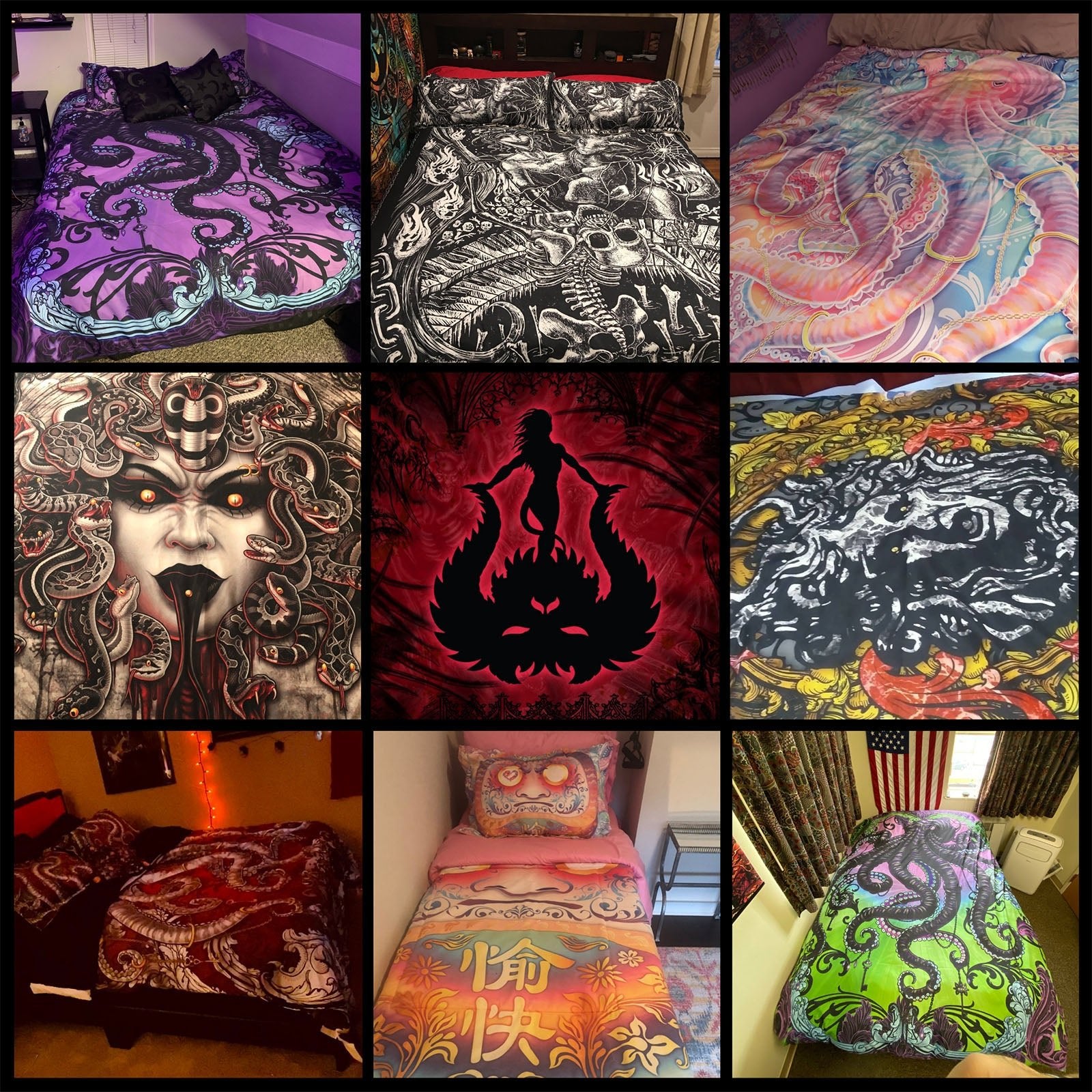 Horror Bedding Set, Comforter and Duvet, Gothic Neon Medusa, Goth Bed Cover and Bedroom Decor, King, Queen and Twin Size - 3 Faces - Abysm Internal