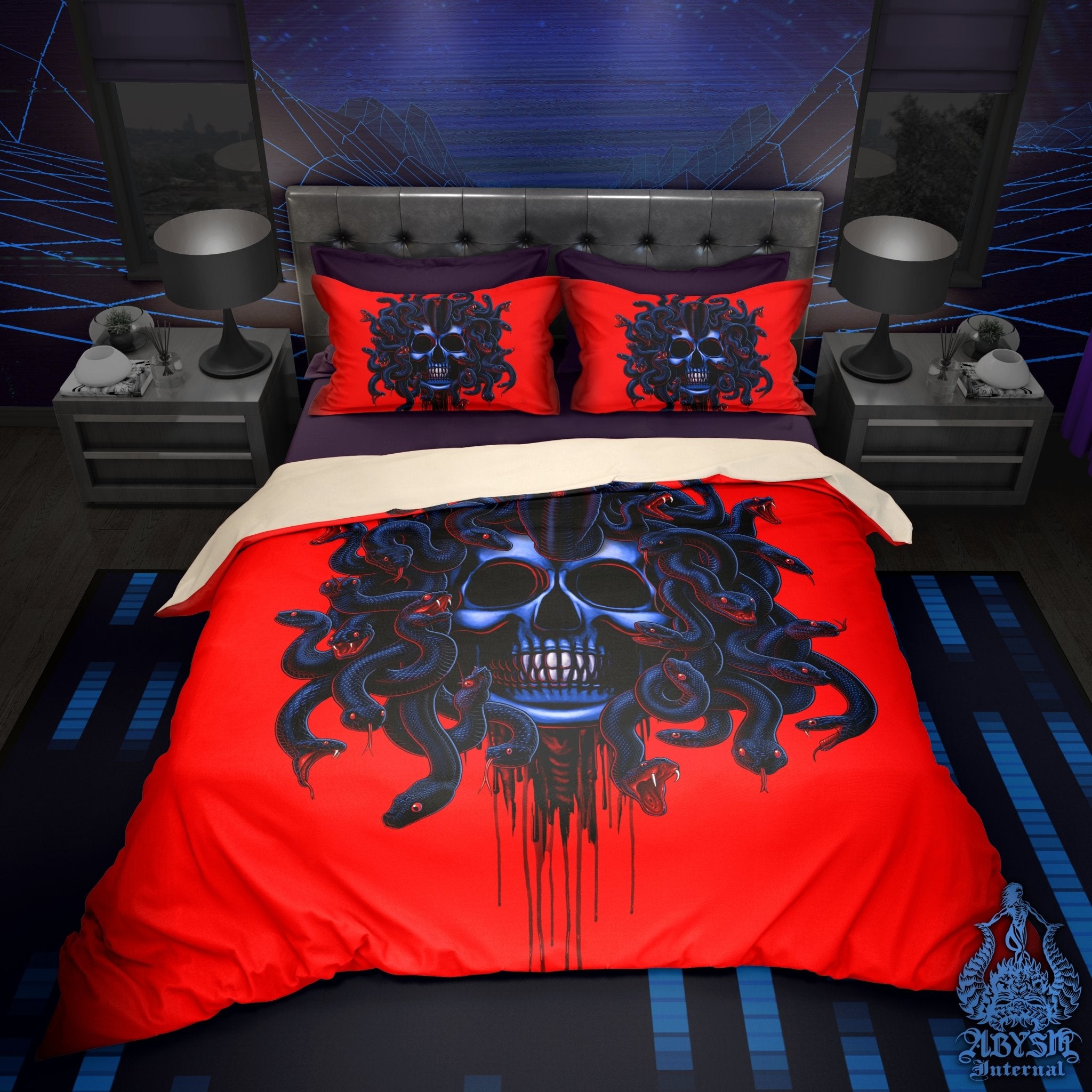 Horror Bedding Set, Comforter and Duvet, Gothic Neon Medusa, Goth Bed Cover and Bedroom Decor, King, Queen and Twin Size - 3 Faces - Abysm Internal