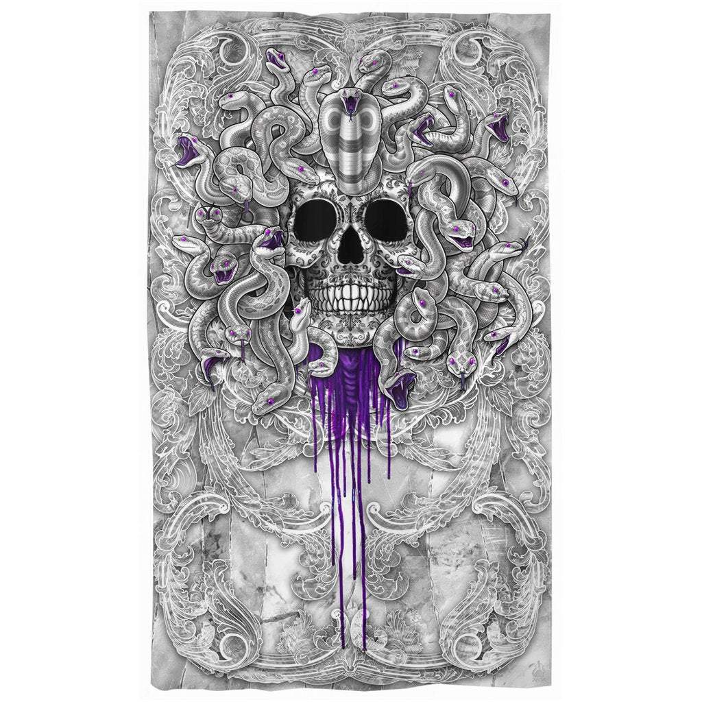 Horror Blackout Curtains, Long Window Panels, Gothic Home Decor, Skull Art Print - Purple, White Goth Medusa & Snakes - Abysm Internal